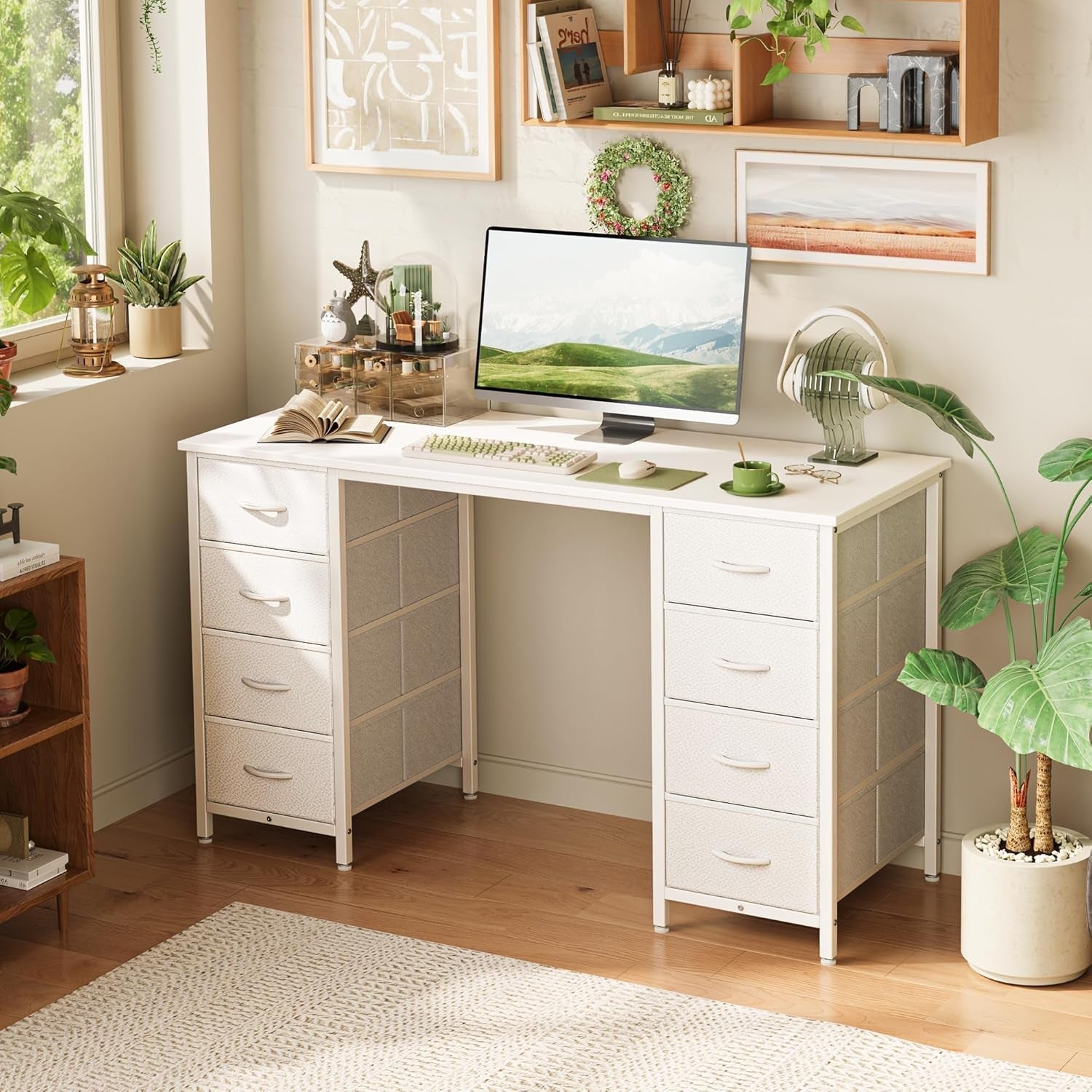 47 Inch White Vanity Desk With 8 Fabric Drawers And Storage