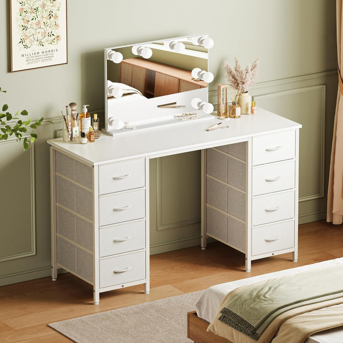 47 Inch White Vanity Desk With 8 Fabric Drawers And Storage