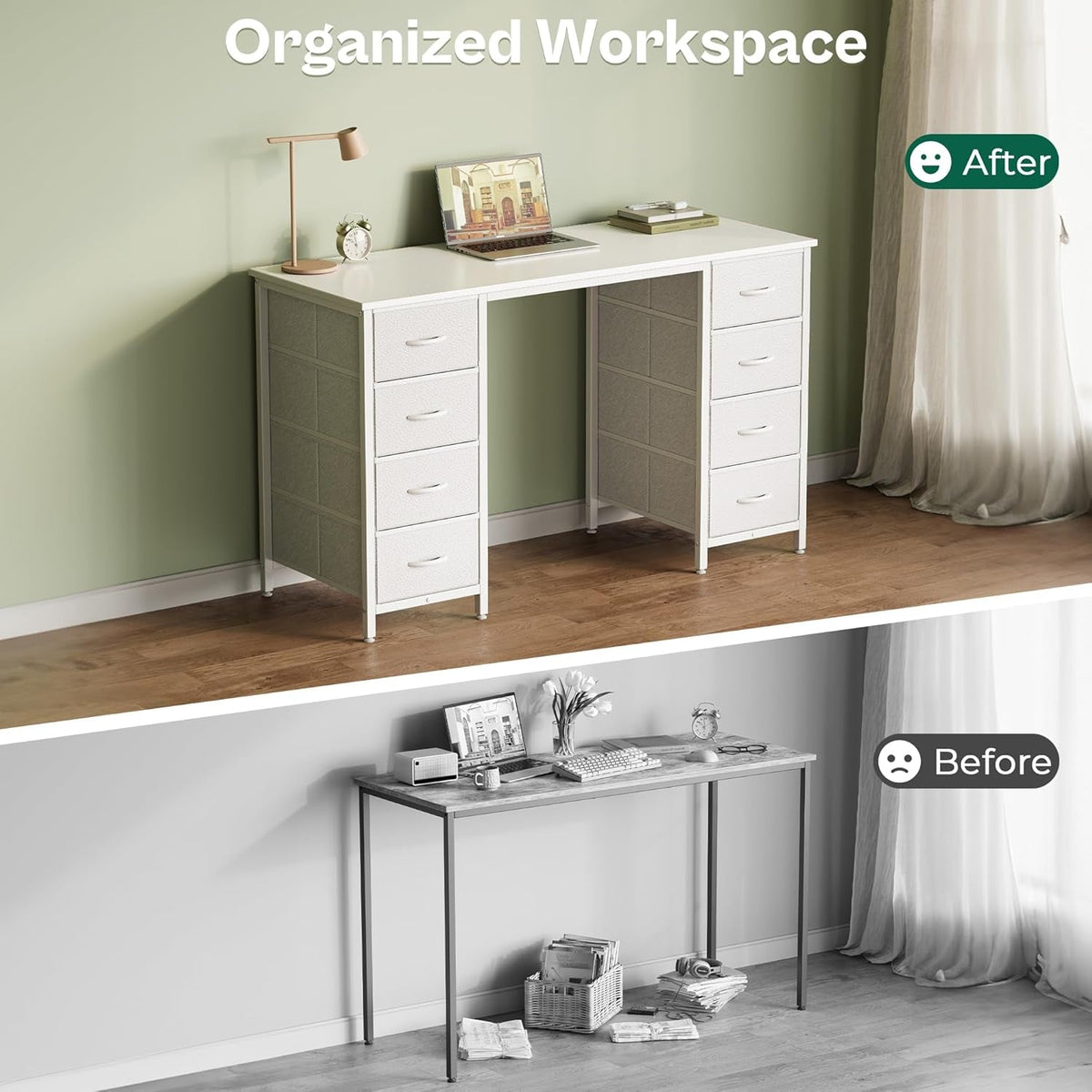 47 Inch White Vanity Desk With 8 Fabric Drawers And Storage