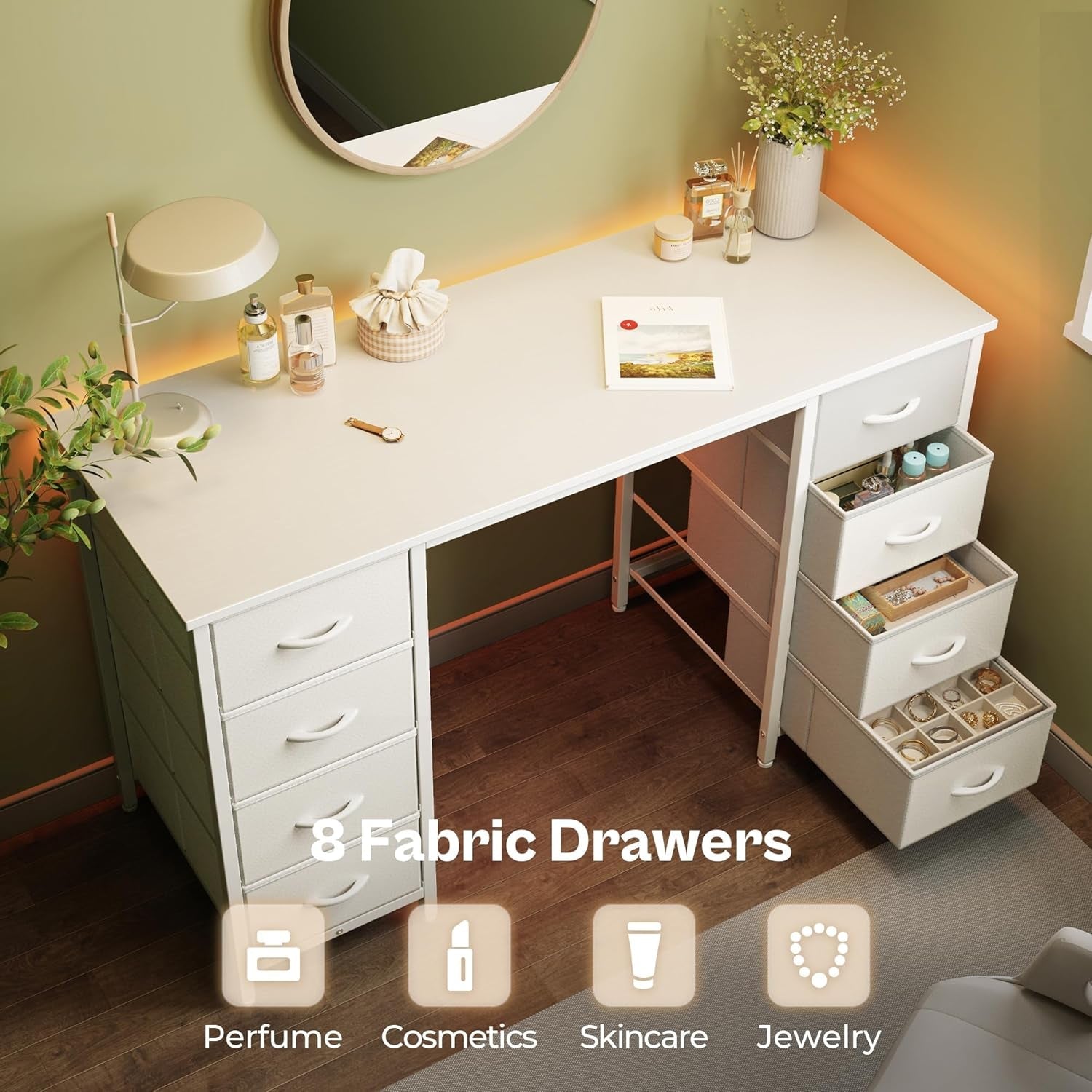 47 Inch White Vanity Desk With 8 Fabric Drawers And Storage