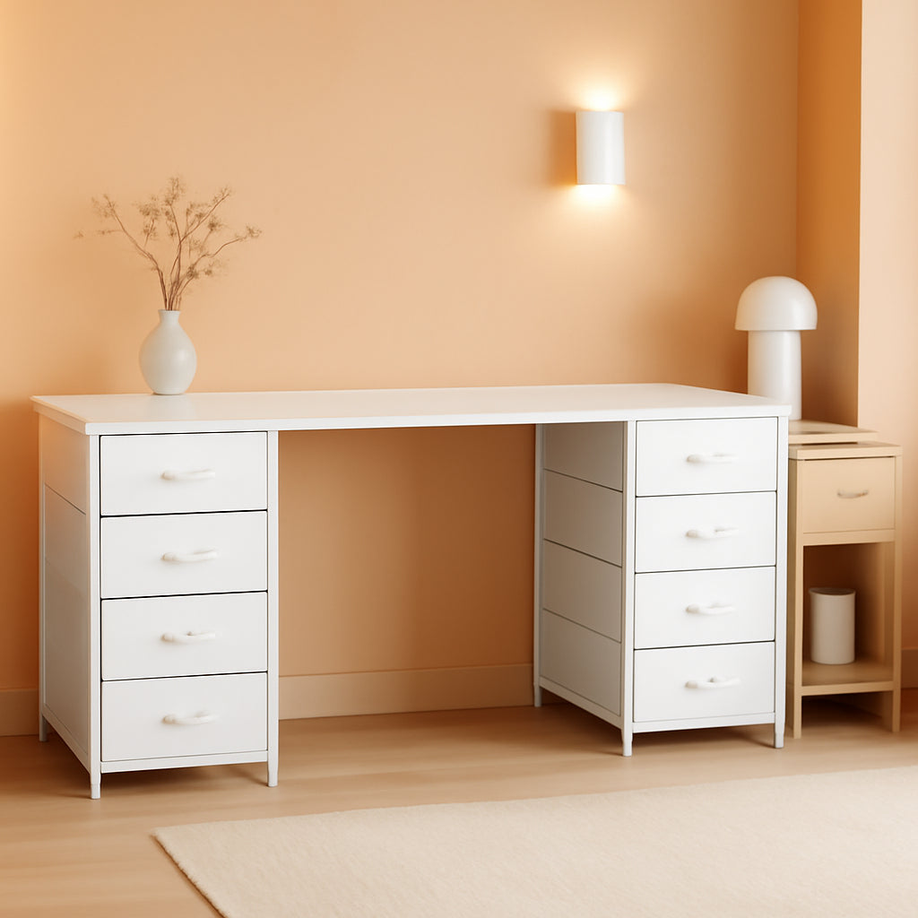 47 Inch White Vanity Desk With 8 Fabric Drawers And Storage
