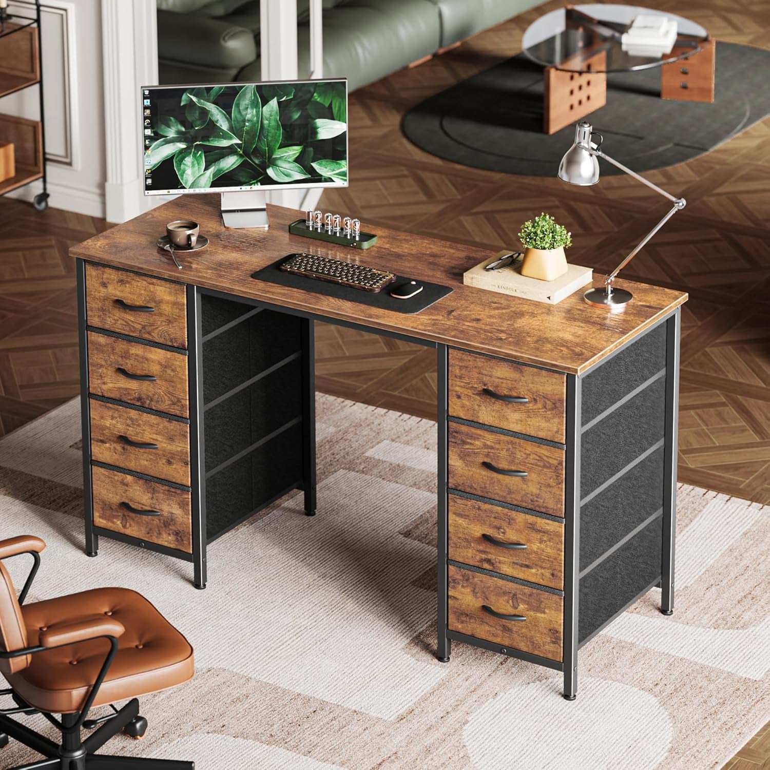 47 Rustic Brown Computer Desk With Eight Fabric Drawers