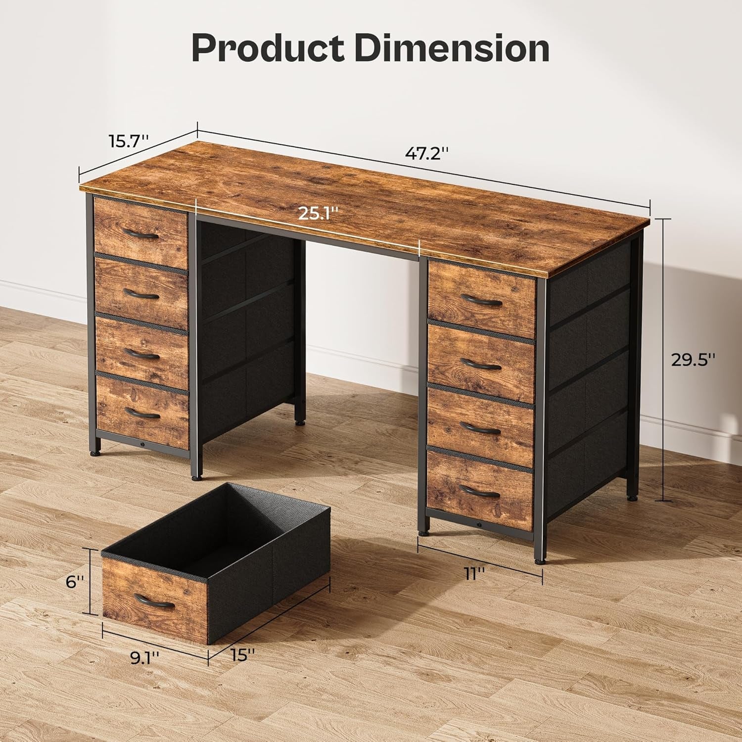 47 Rustic Brown Computer Desk With Eight Fabric Drawers