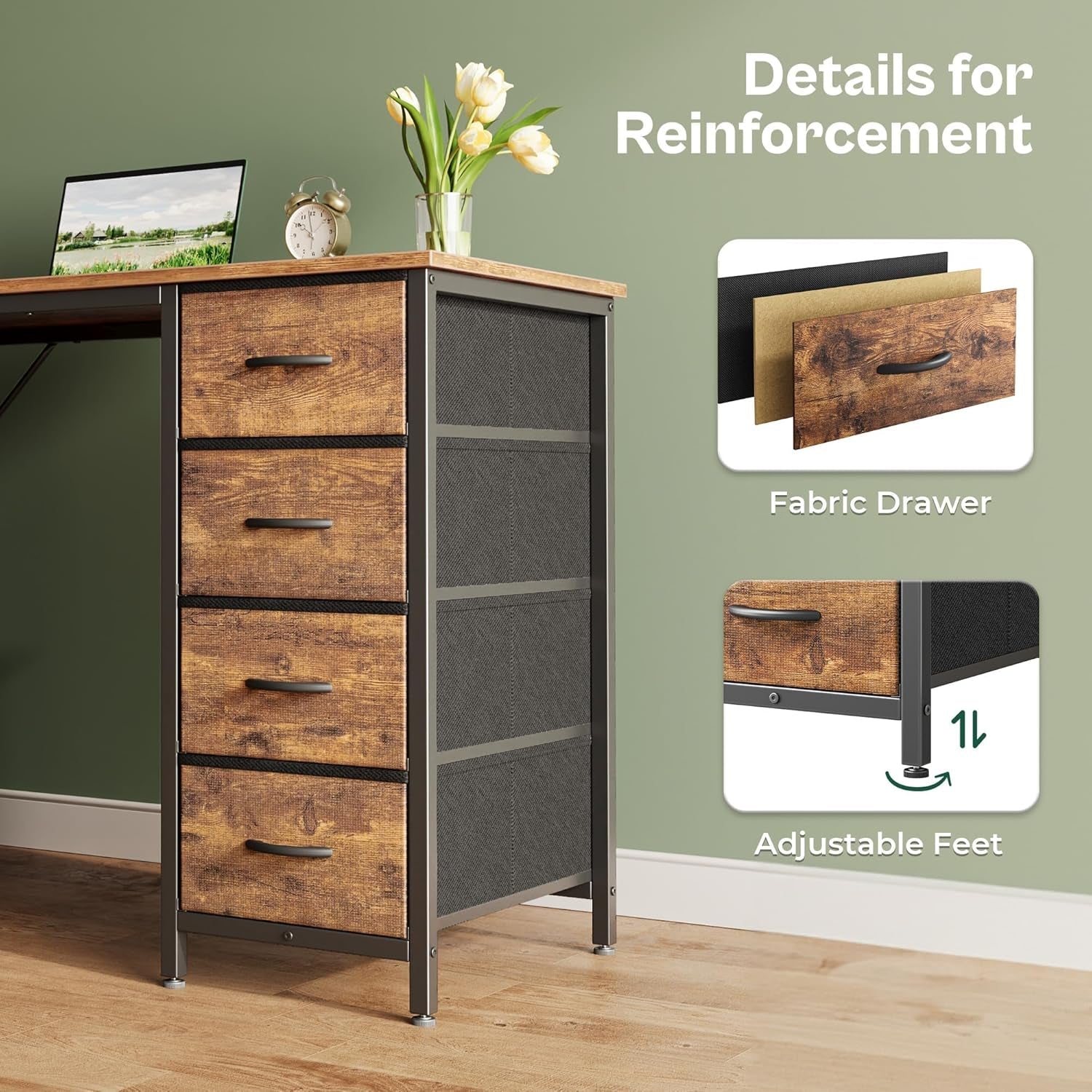 47 Rustic Brown Computer Desk With Eight Fabric Drawers