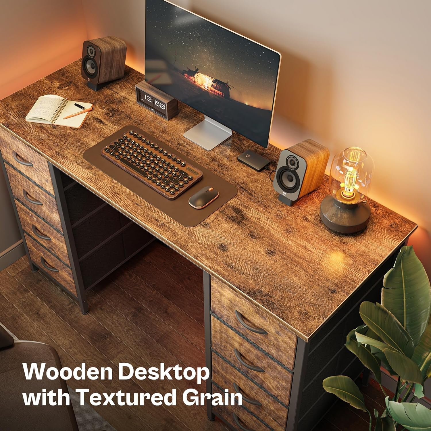 47 Rustic Brown Computer Desk With Eight Fabric Drawers