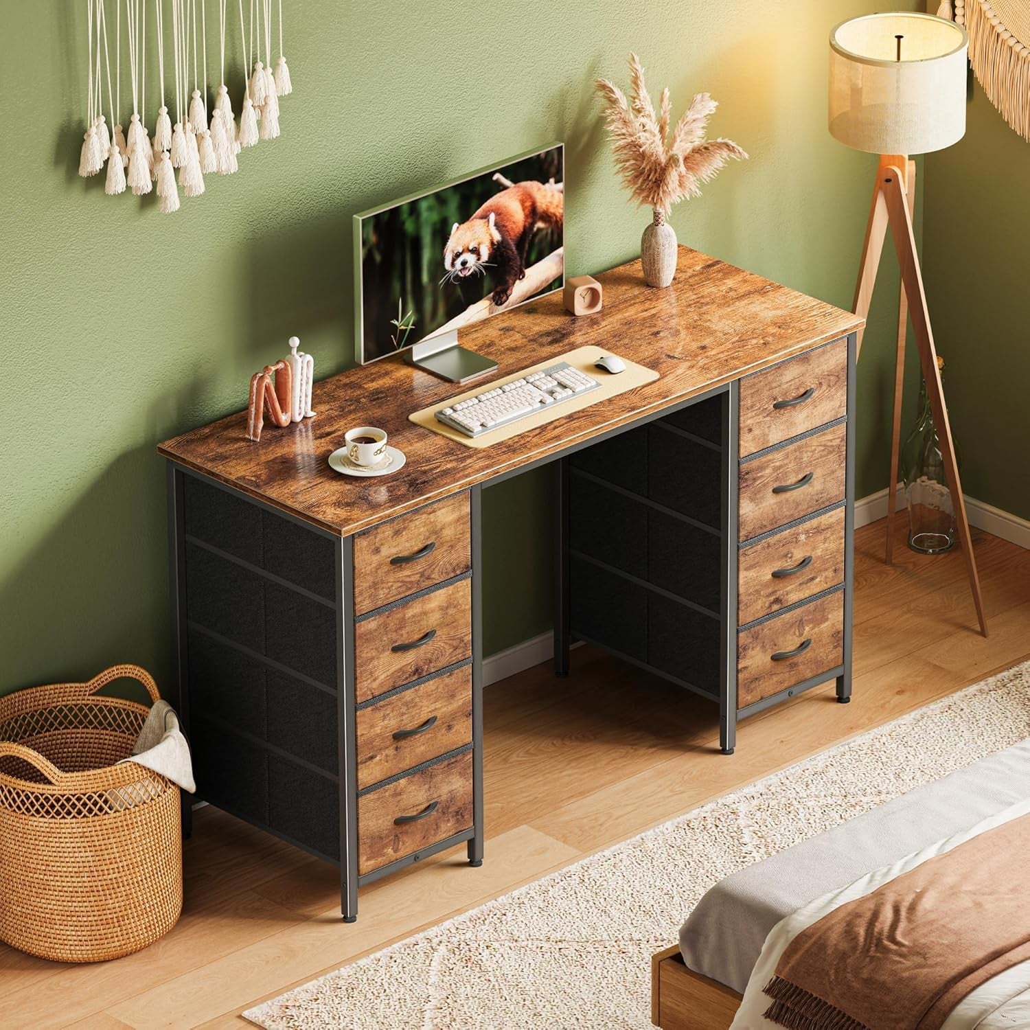47 Rustic Brown Computer Desk With Eight Fabric Drawers