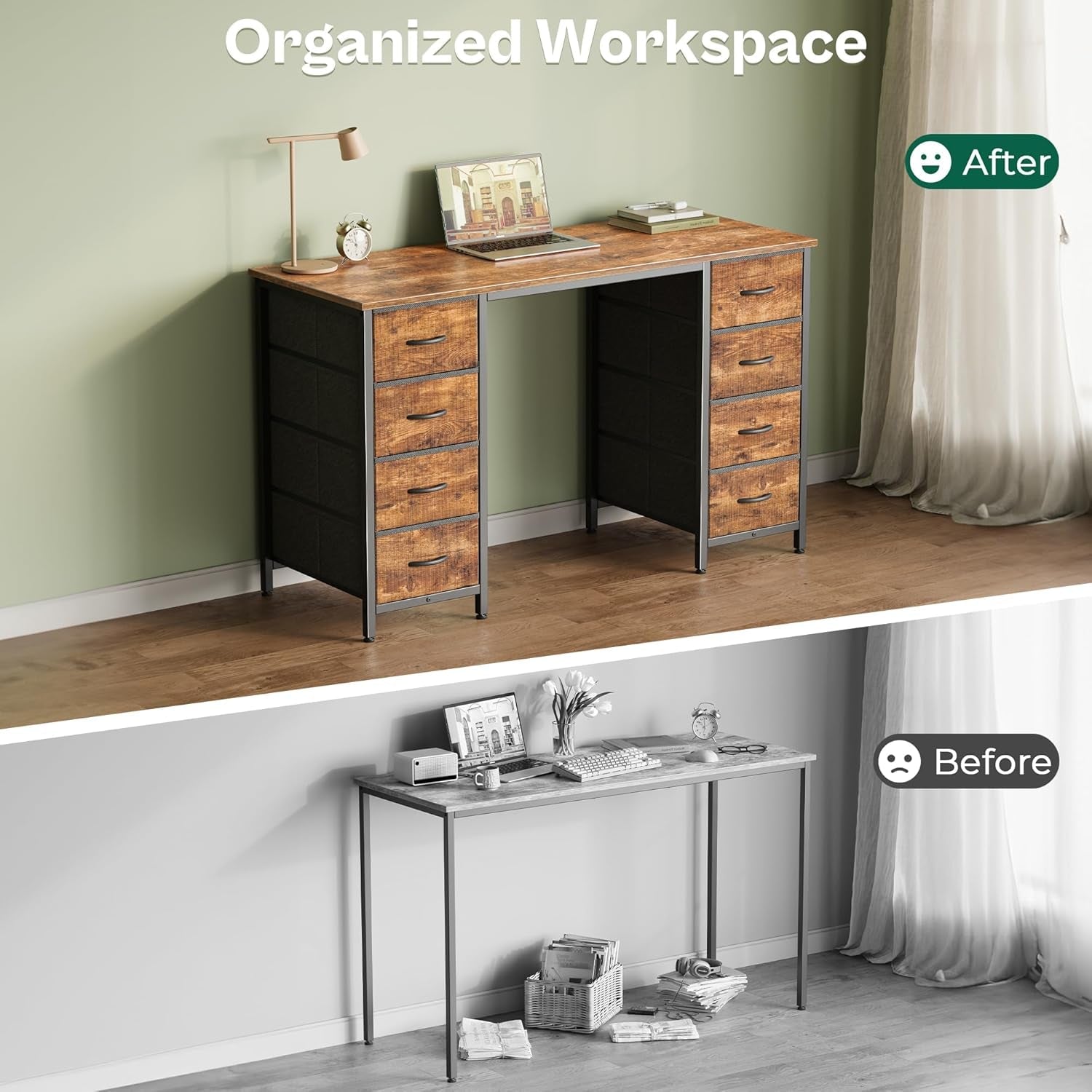 47 Rustic Brown Computer Desk With Eight Fabric Drawers