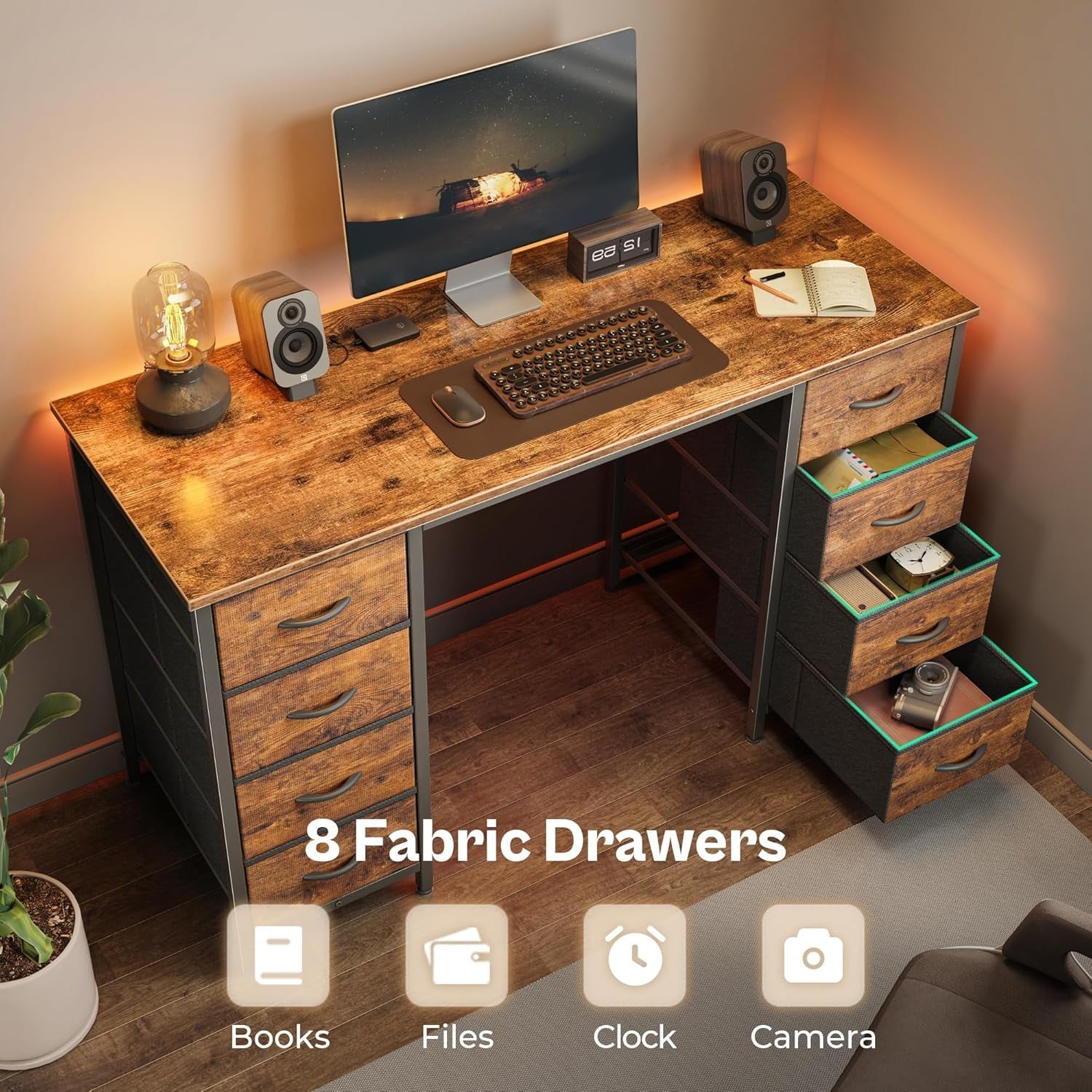 47 Rustic Brown Computer Desk With Eight Fabric Drawers