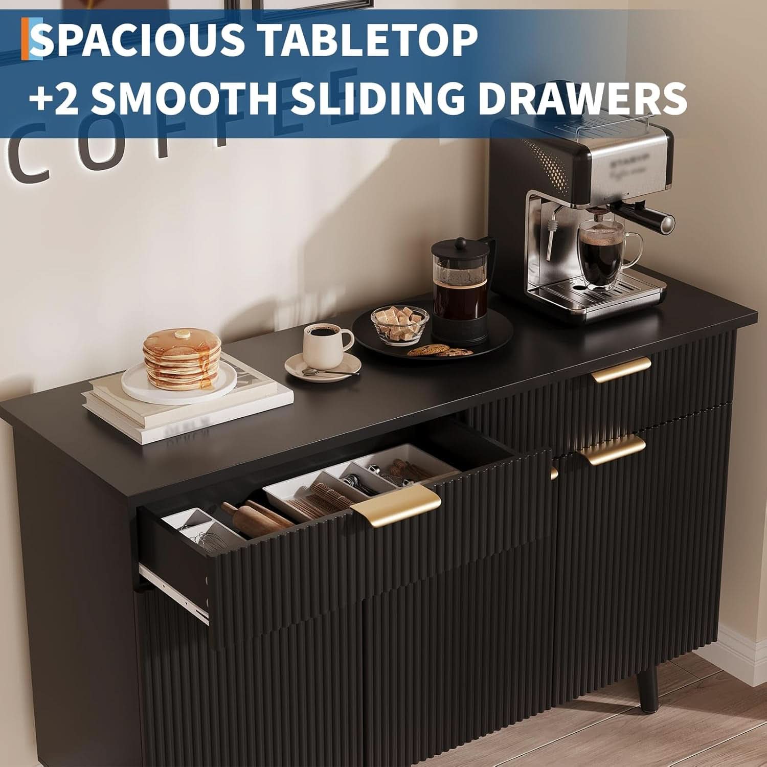 47In Black Sideboard Buffet Cabinet With Adjustable Shelves