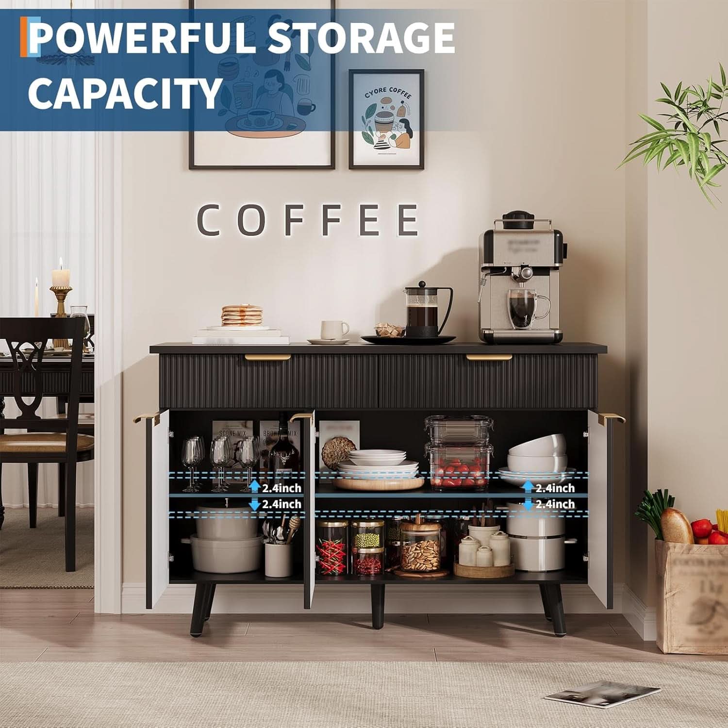 47In Black Sideboard Buffet Cabinet With Adjustable Shelves
