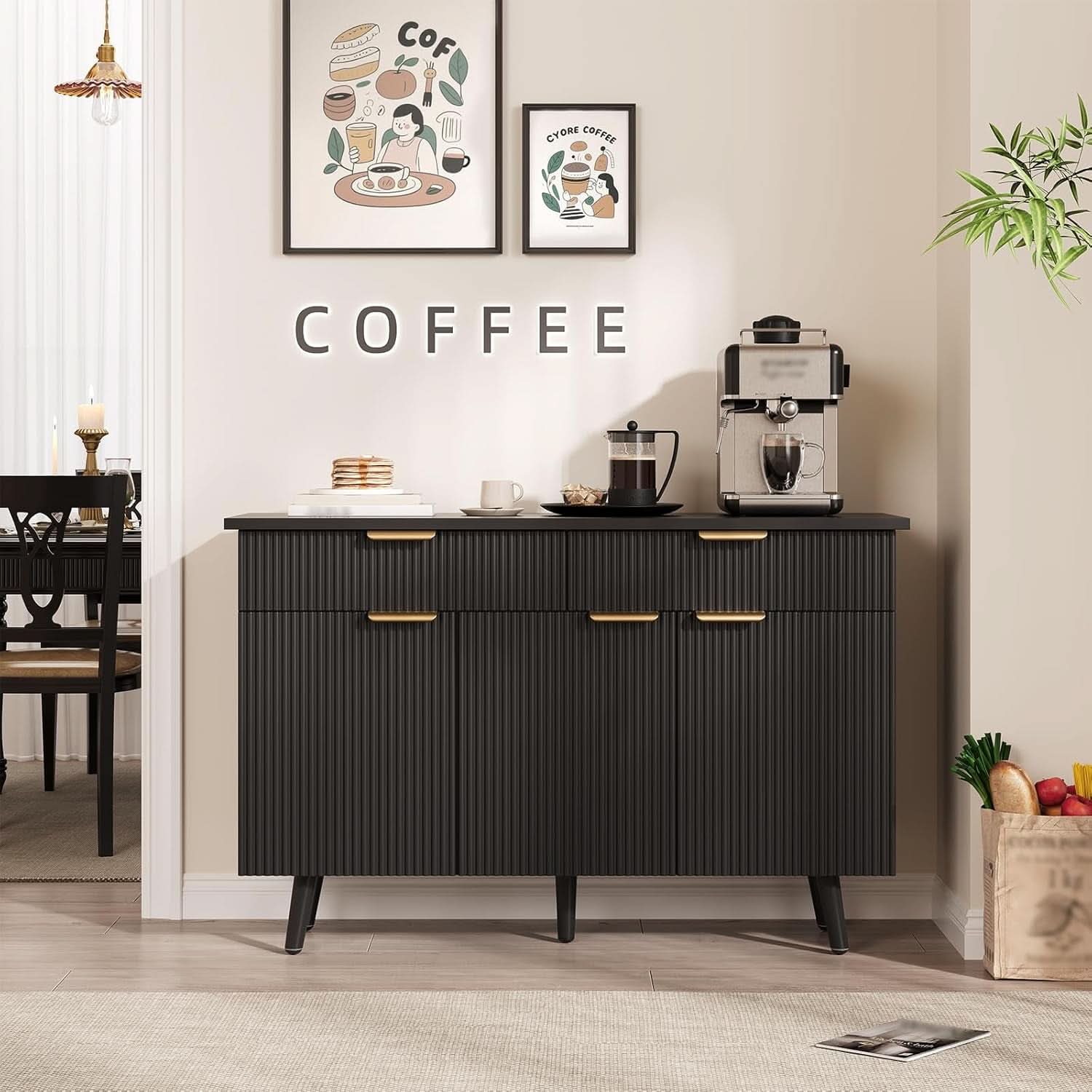 47In Black Sideboard Buffet Cabinet With Adjustable Shelves