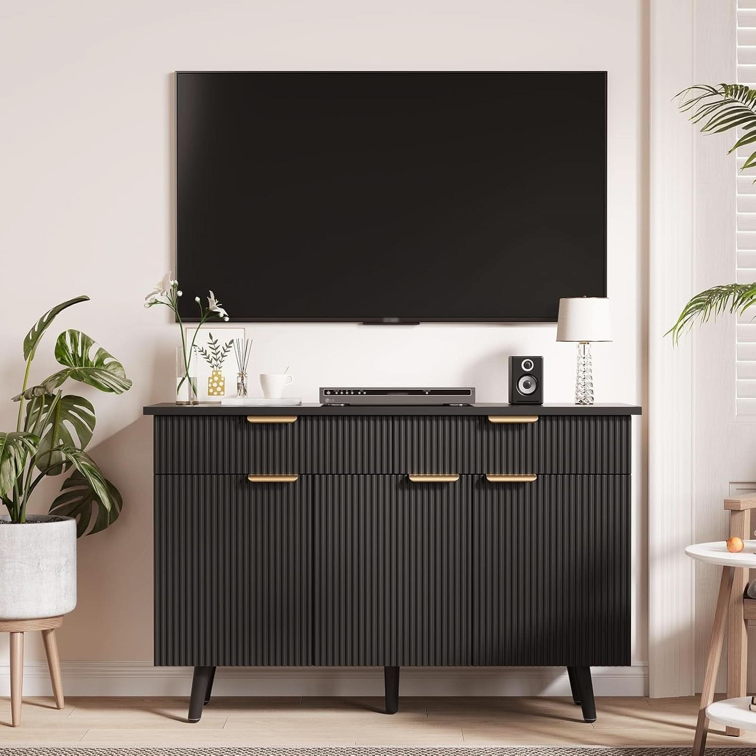 47In Black Sideboard Buffet Cabinet With Adjustable Shelves