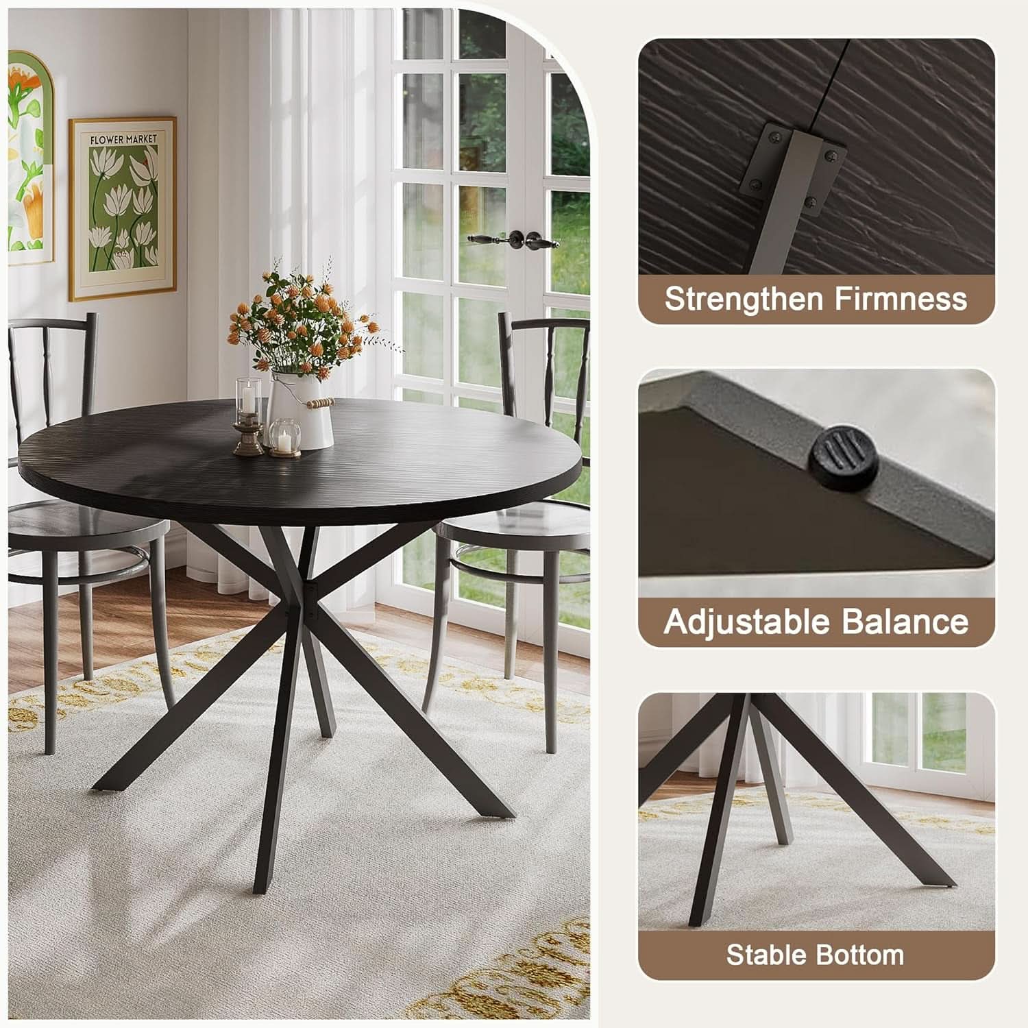 47.2 Inch Circular Dining Table Matte Black Finish