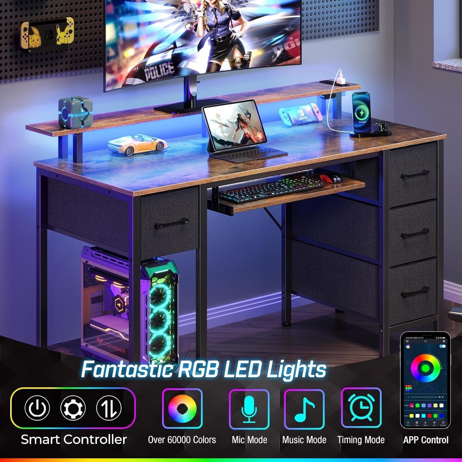 47.2 Inch LED Computer Desk With Built In Power Outlets