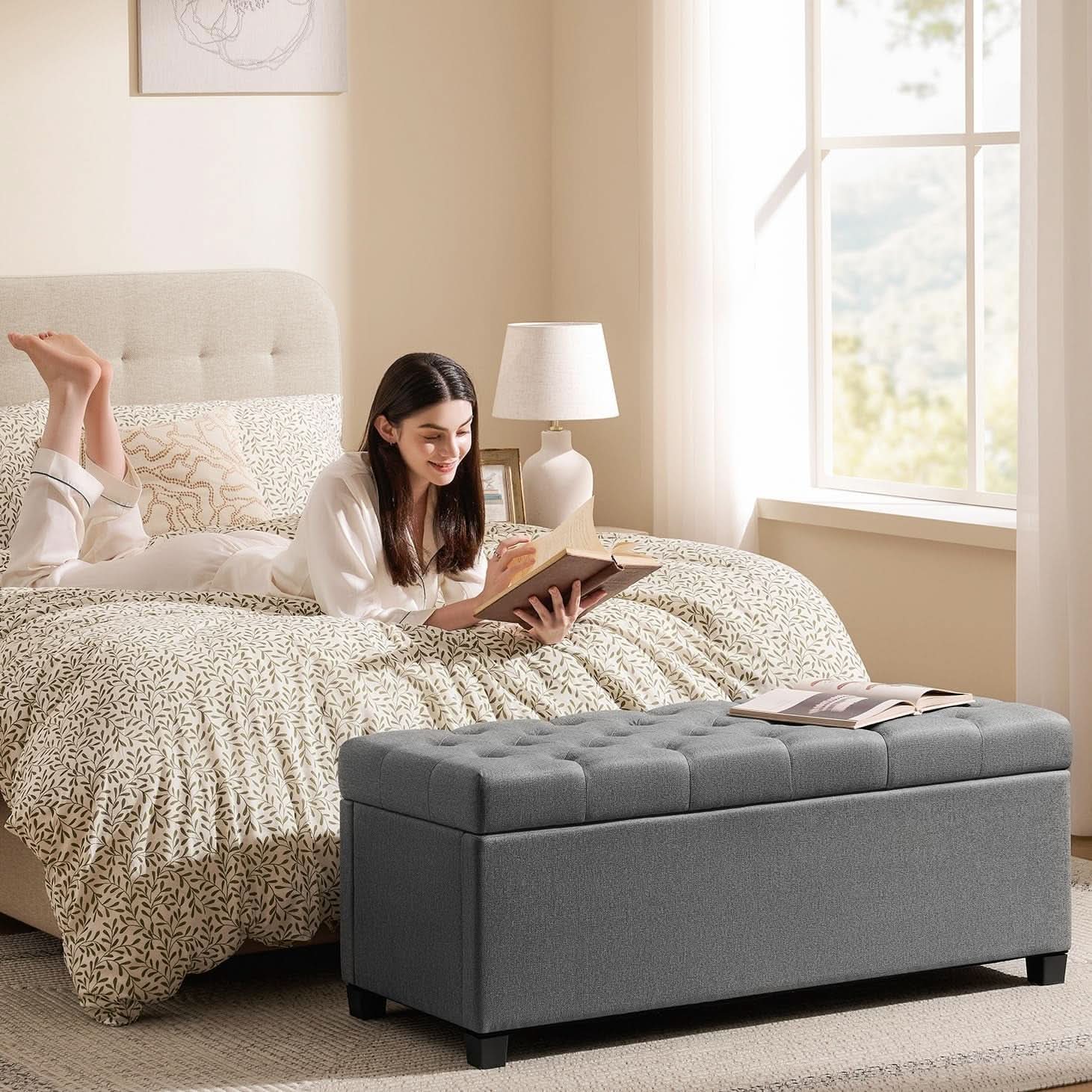 47.2 Inch Storage Ottoman Bench Light Grey Upgraded