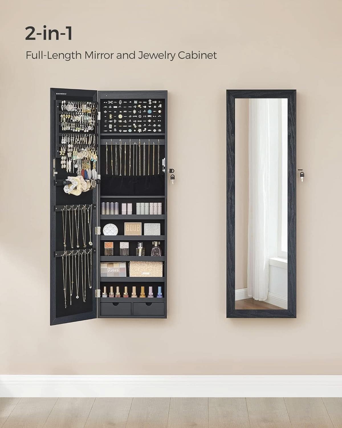 47.2 Inch Tall Black Lockable Mirror Jewelry Cabinet