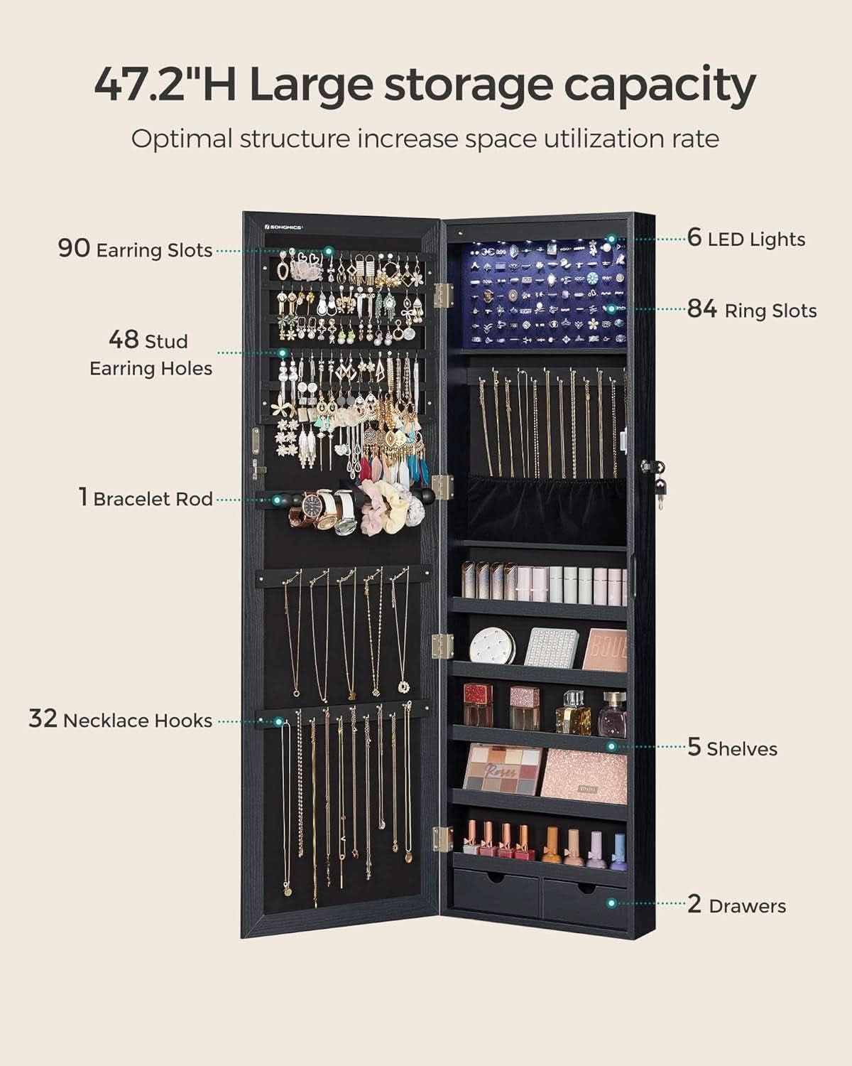 47.2 Inch Tall Black Lockable Mirror Jewelry Cabinet