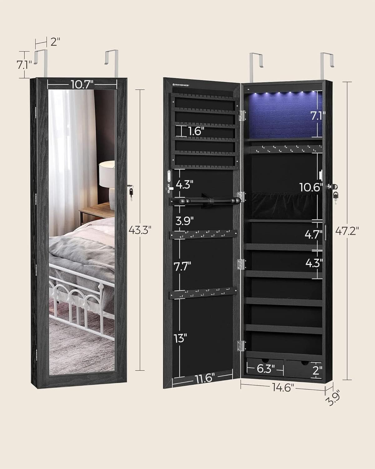 47.2 Inch Tall Black Lockable Mirror Jewelry Cabinet