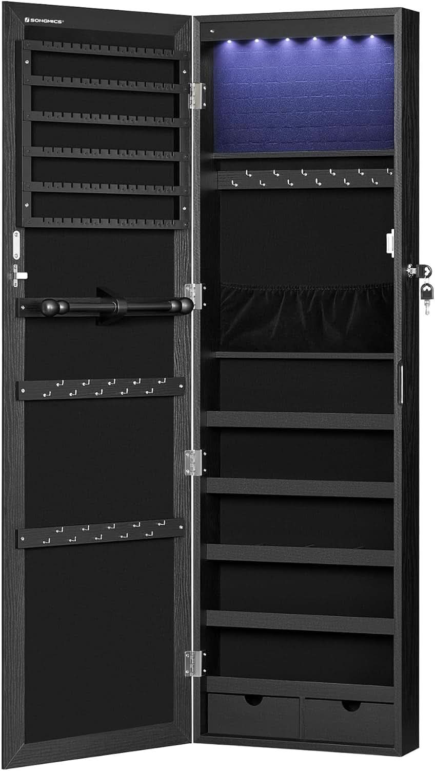 47.2 Inch Tall Black Lockable Mirror Jewelry Cabinet