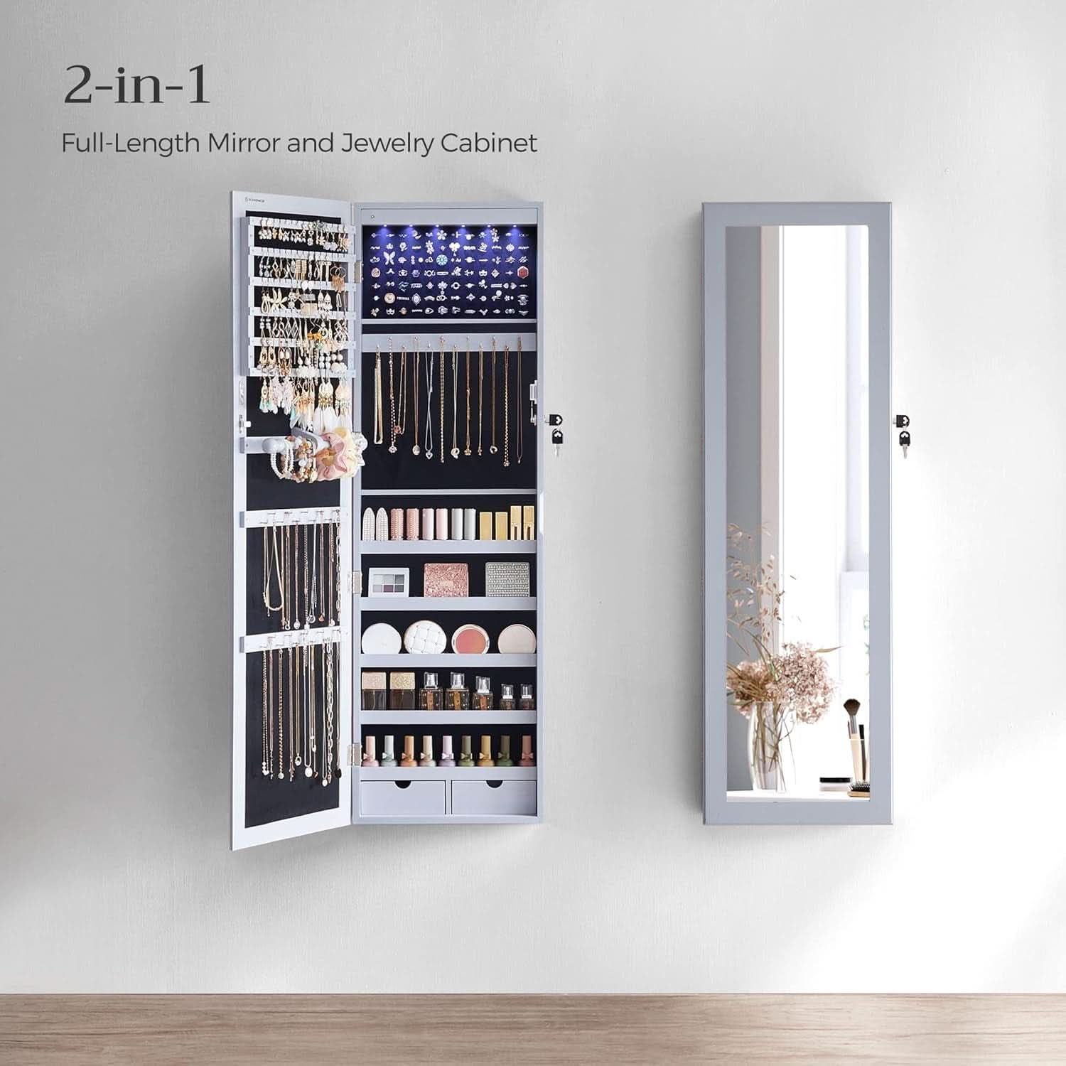 47.2 Inch Tall Lockable Jewelry Cabinet With Mirror Gray