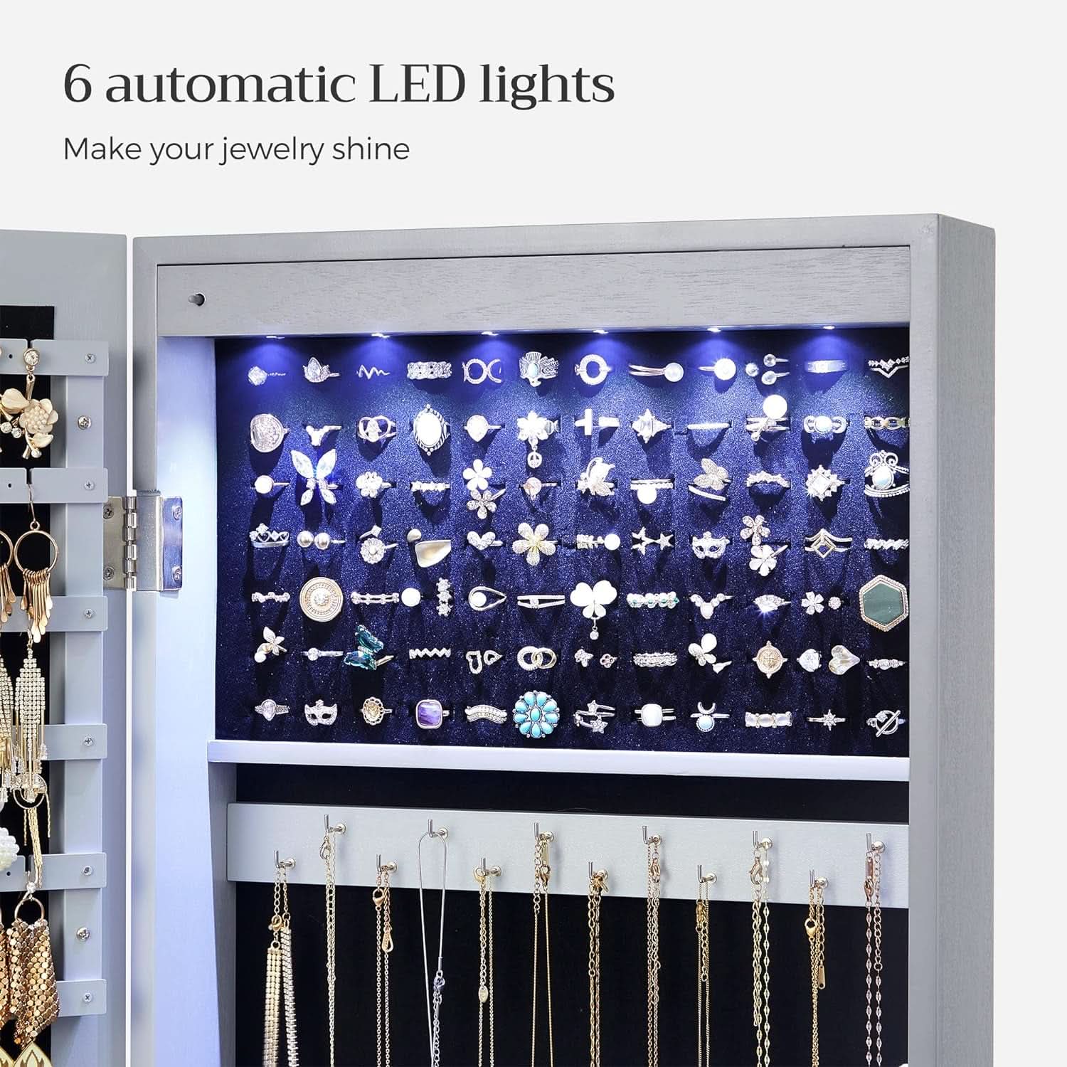47.2 Inch Tall Lockable Jewelry Cabinet With Mirror Gray