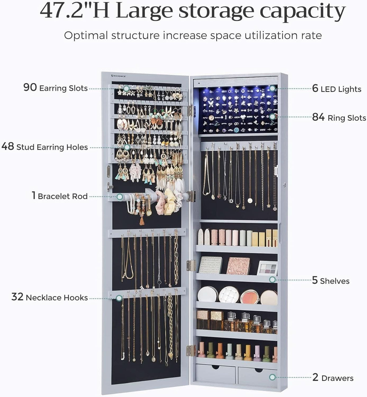 47.2 Inch Tall Lockable Jewelry Cabinet With Mirror Gray