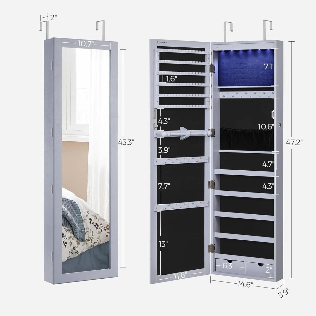47.2 Inch Tall Lockable Jewelry Cabinet With Mirror Gray