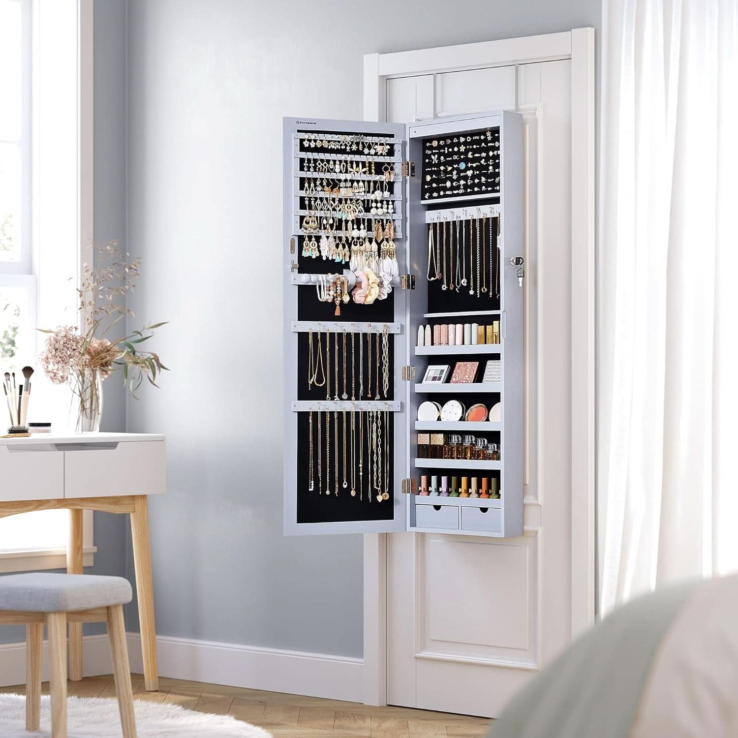 47.2 Inch Tall Lockable Jewelry Cabinet With Mirror Gray