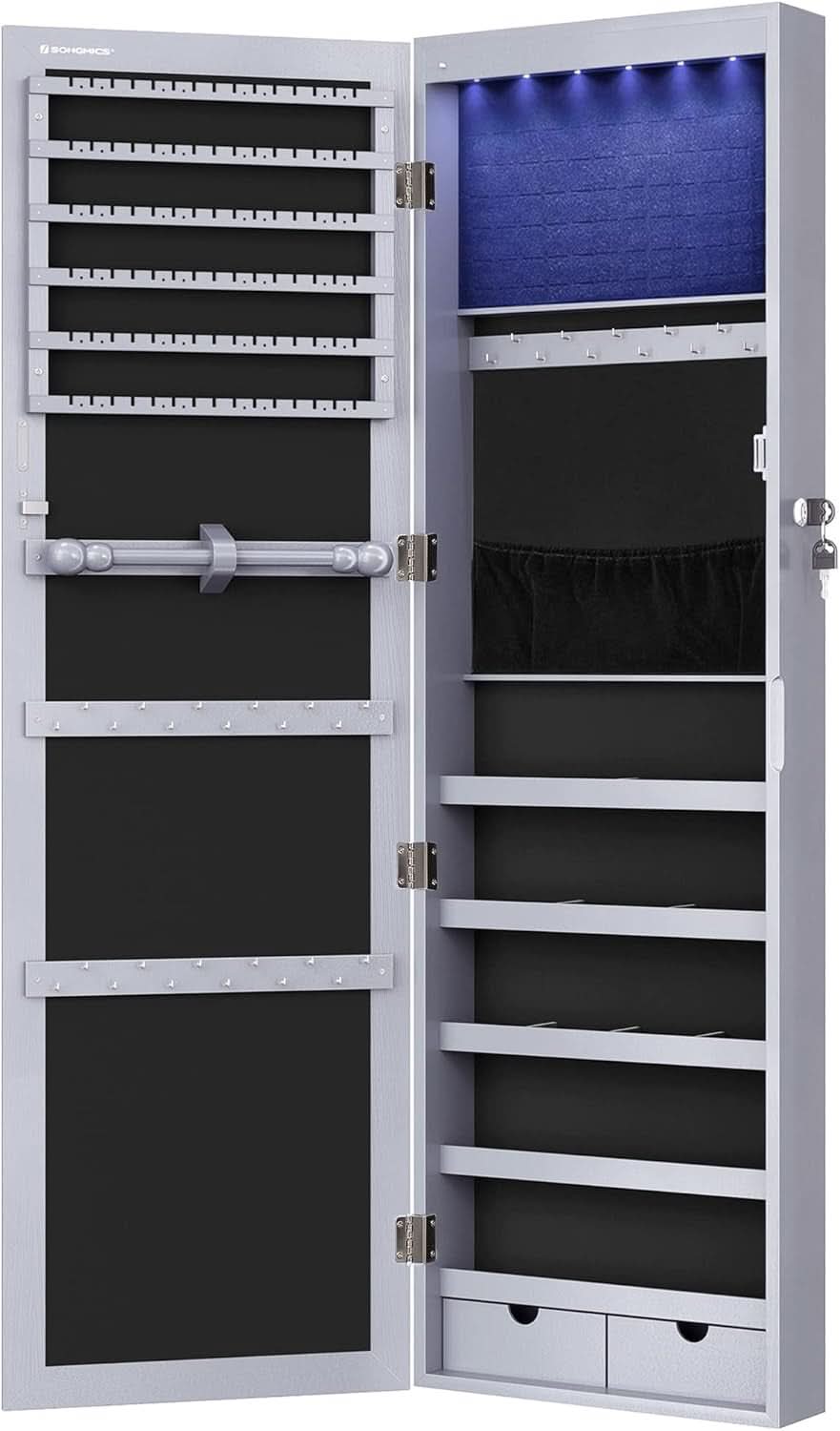 47.2 Inch Tall Lockable Jewelry Cabinet With Mirror Gray