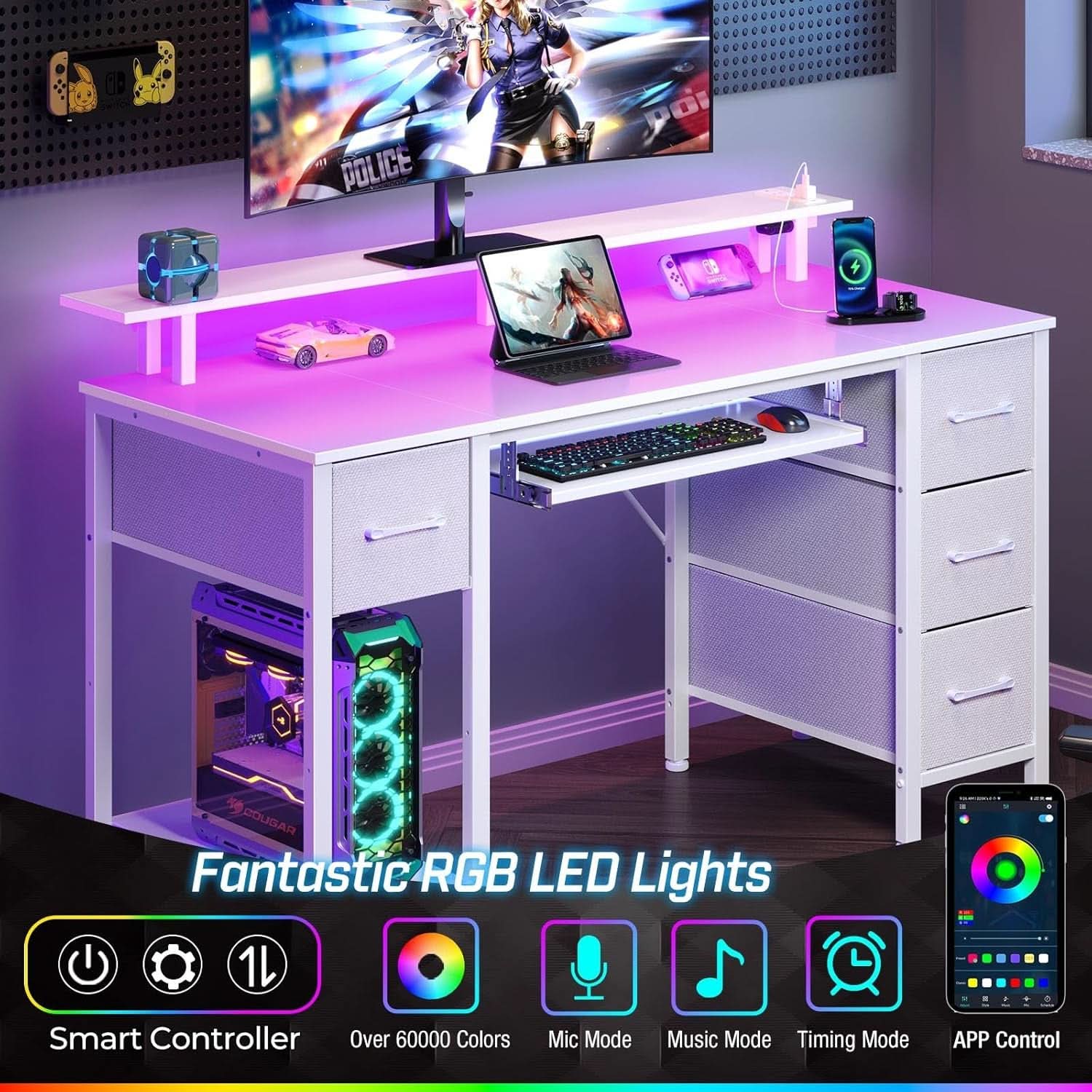 47.2 Inch White LED Desk With Power Outlets And Drawers