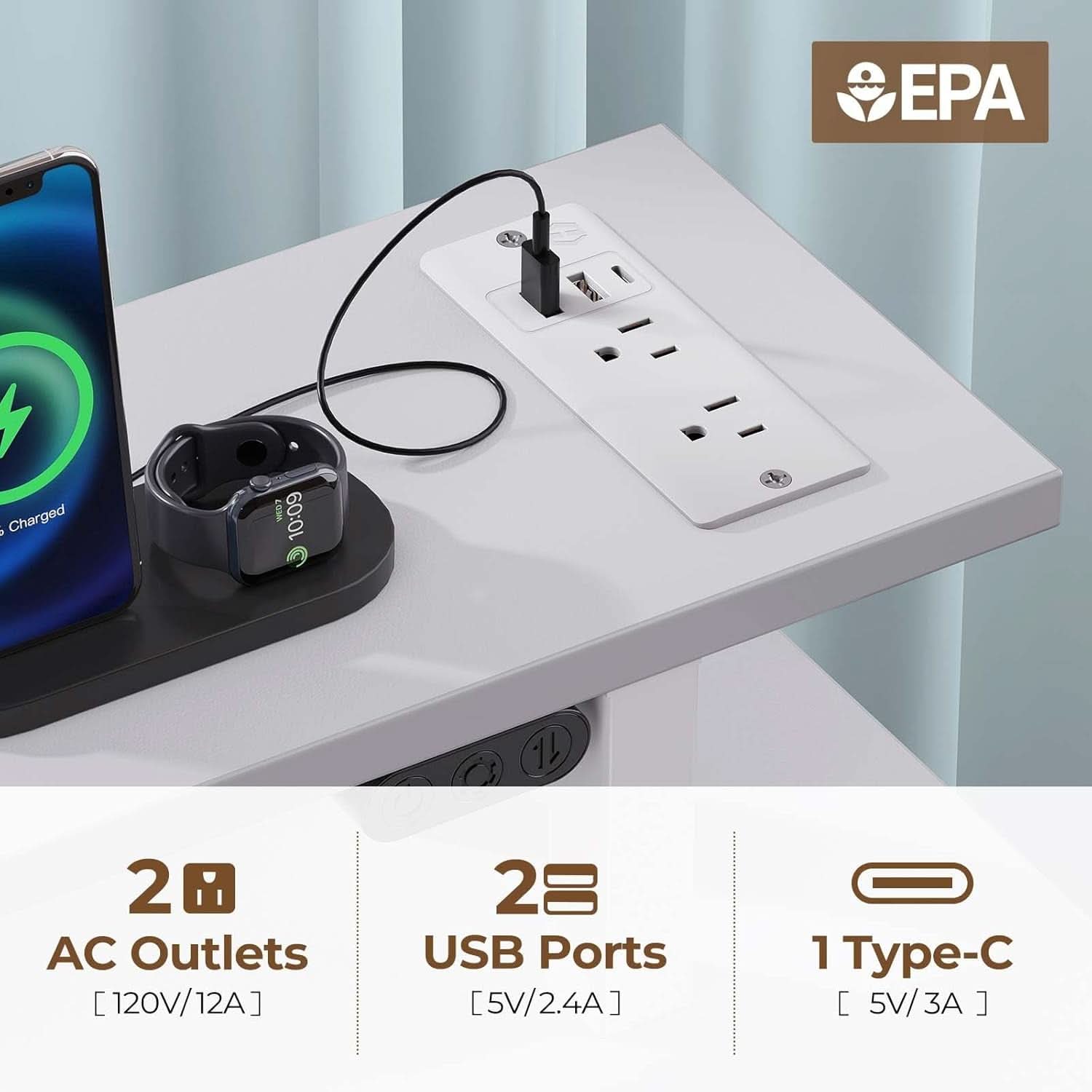 47.2 Inch White LED Desk With Power Outlets And Drawers