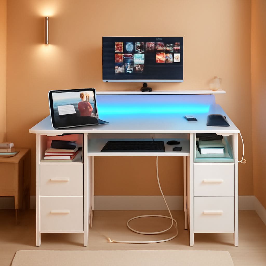 47.2 Inch White LED Desk With Power Outlets And Drawers