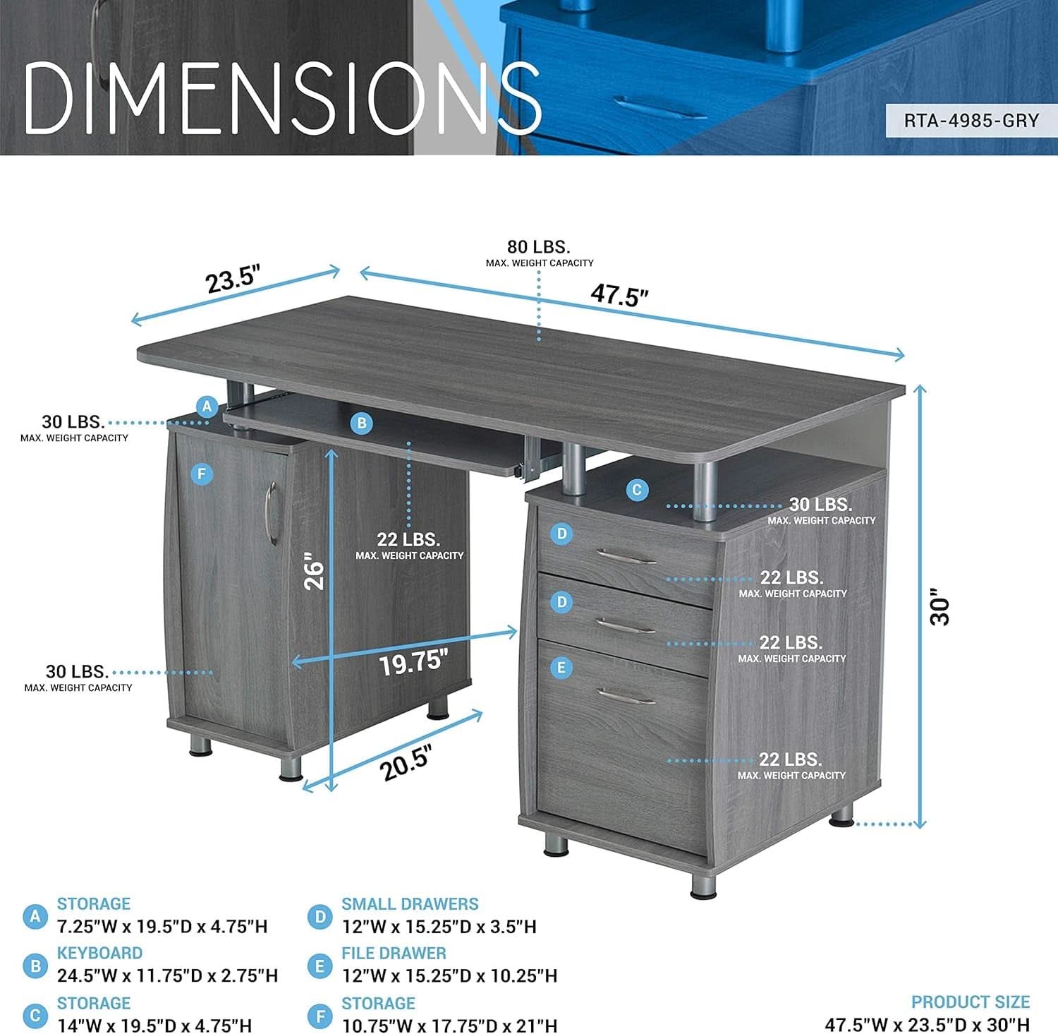 47.5 Inch Computer Desk Keyboard Tray File Cabinet