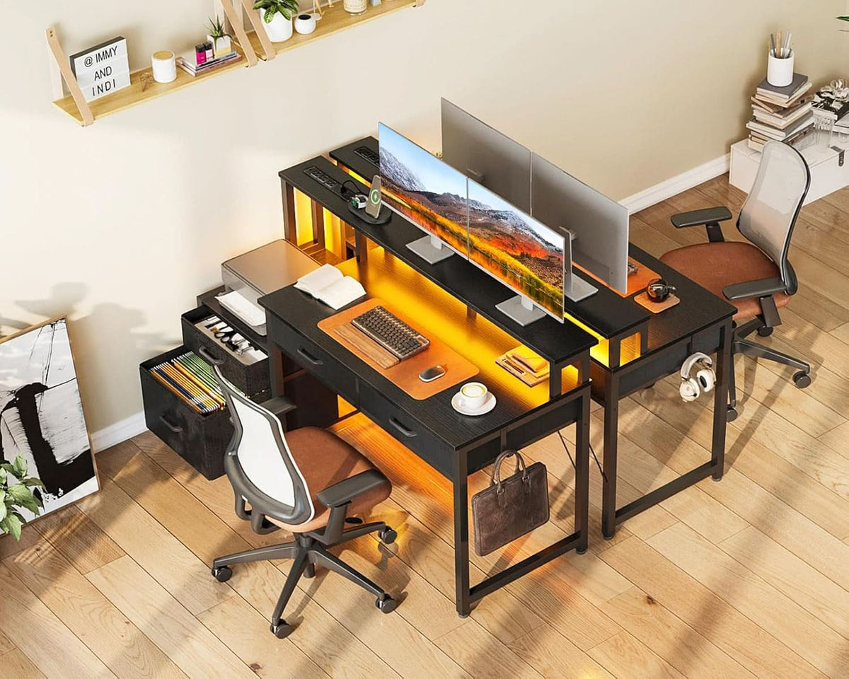 48-Inch Black Gaming Desk With LED Lights And Power Outlets