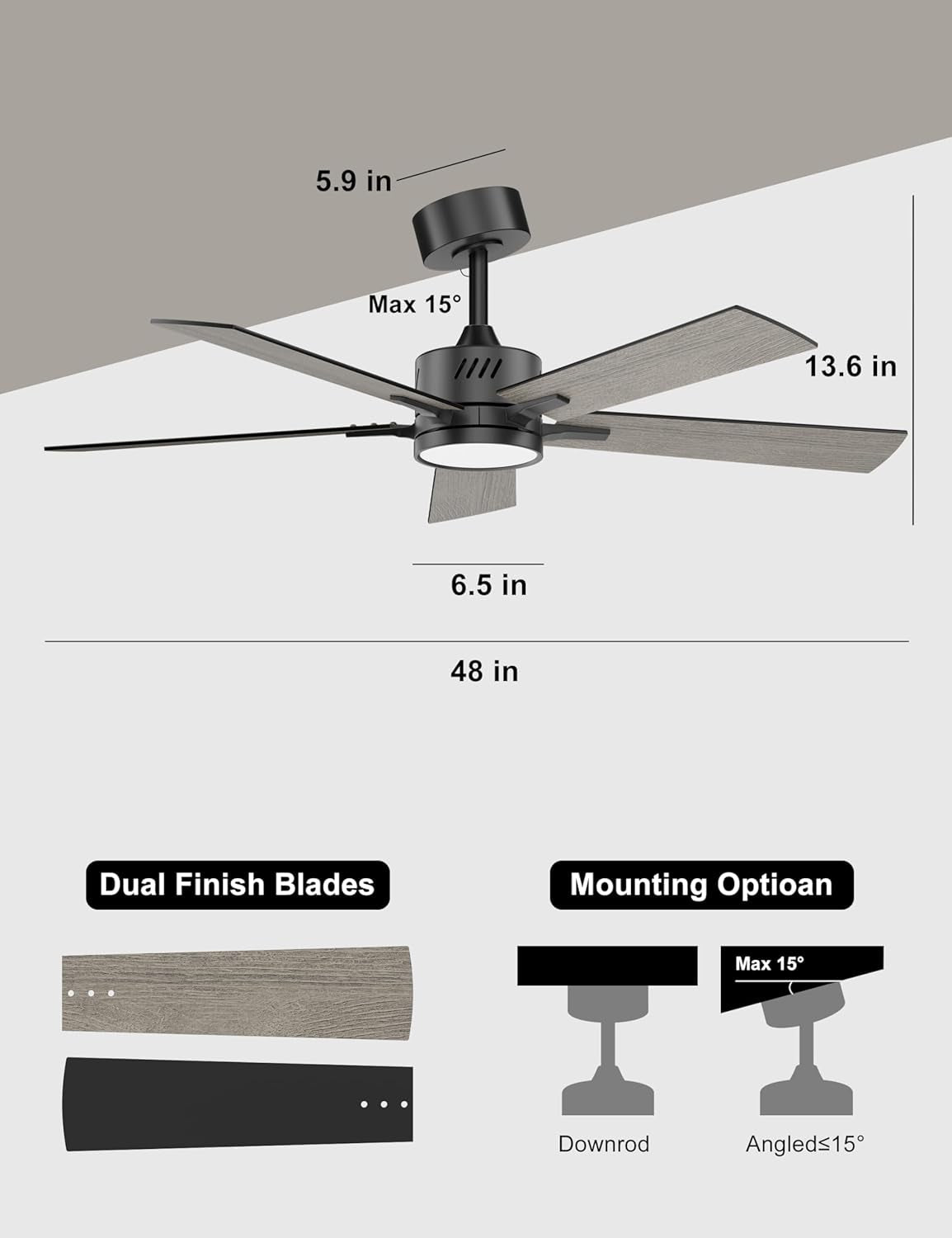 48 Inch Ceiling Fan With Dimmable LED Light Matte Black