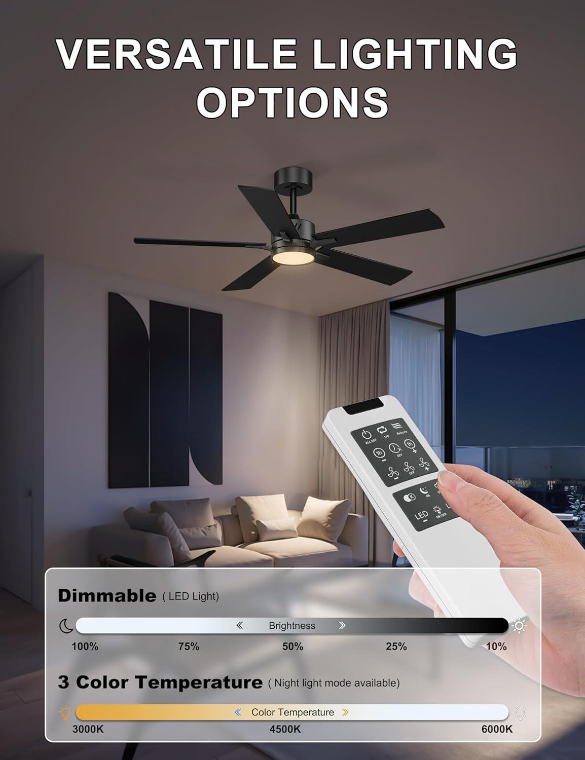 48 Inch Ceiling Fan With Dimmable LED Light Matte Black