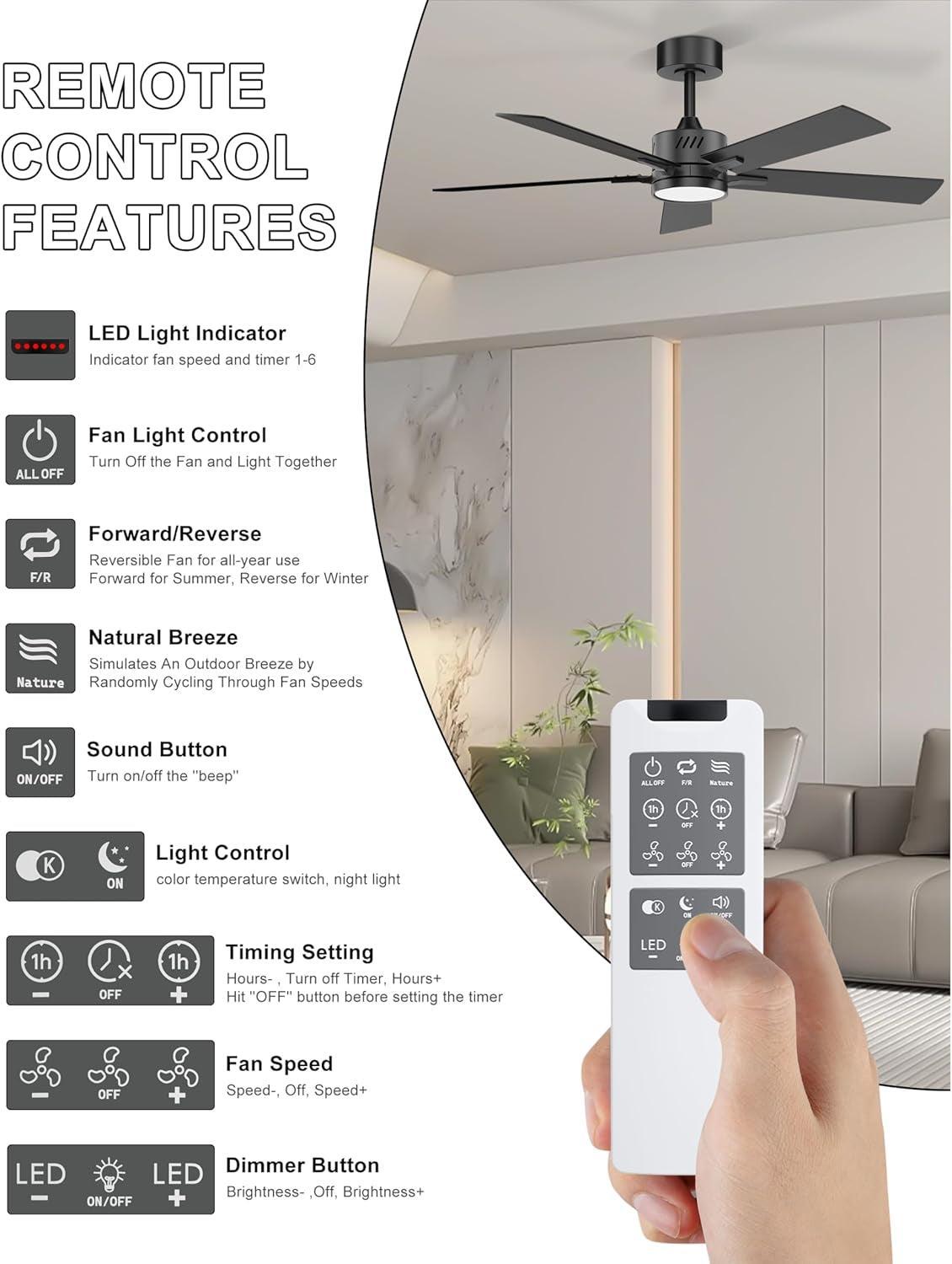 48 Inch Ceiling Fan With Dimmable LED Light Matte Black