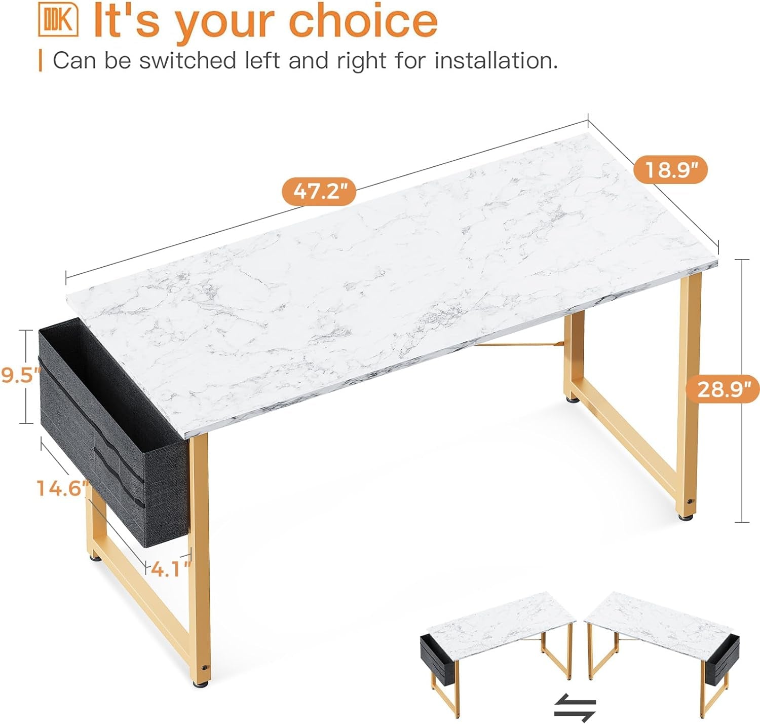 48 Inch Computer Desk White Marble Gold Leg With Storage