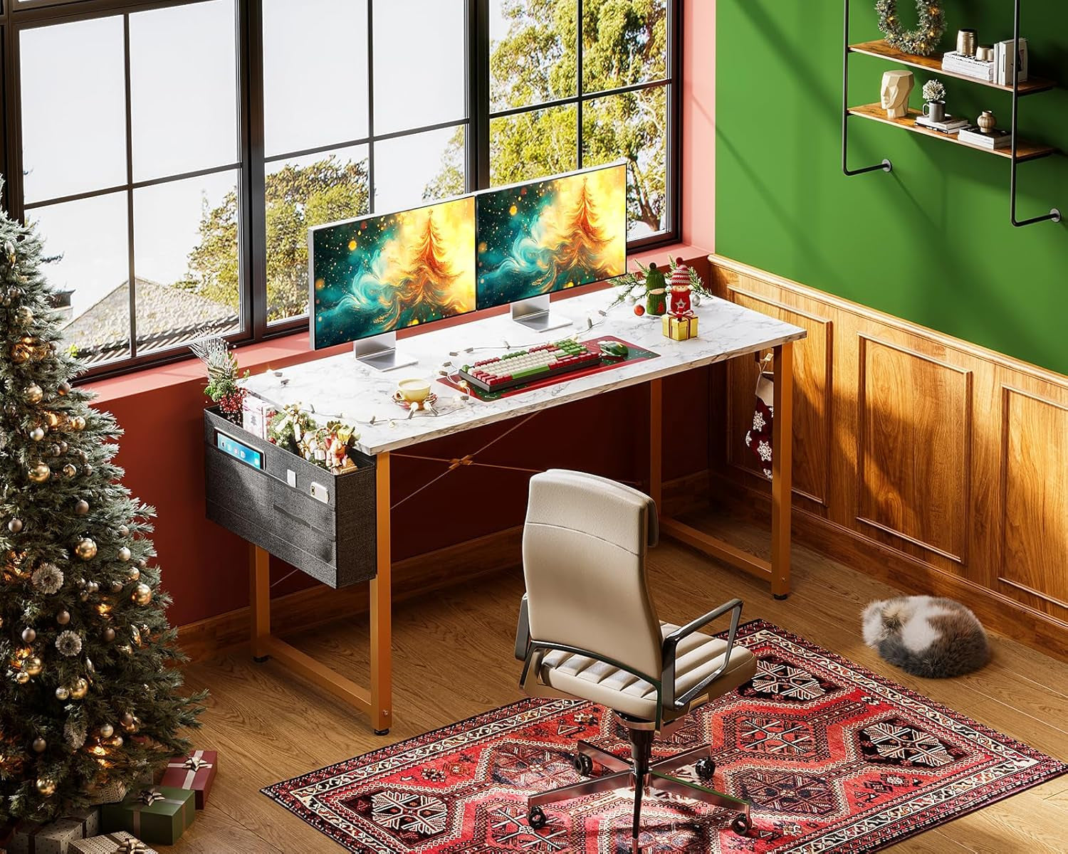 48 Inch Computer Desk White Marble Gold Leg With Storage