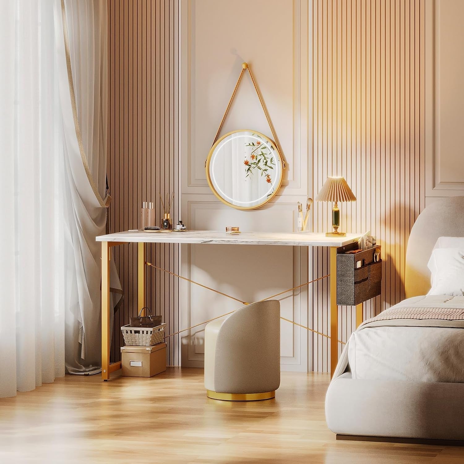 48 Inch Computer Desk White Marble Gold Leg With Storage