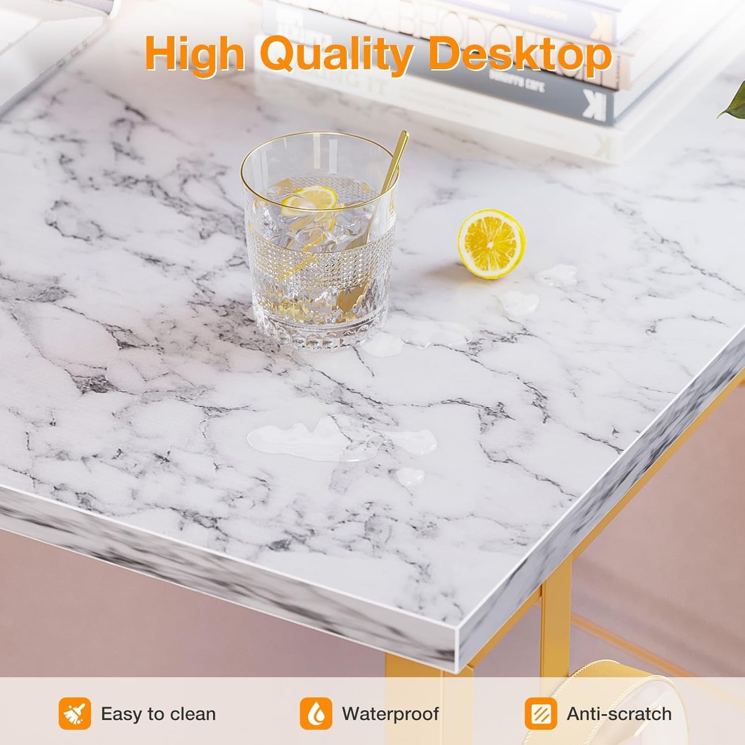 48 Inch Computer Desk White Marble Gold Leg With Storage