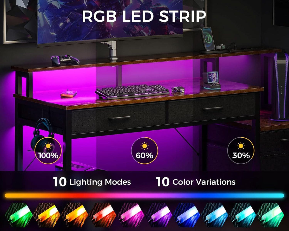 48-Inch Computer Desk With LED Strip And Power Strip