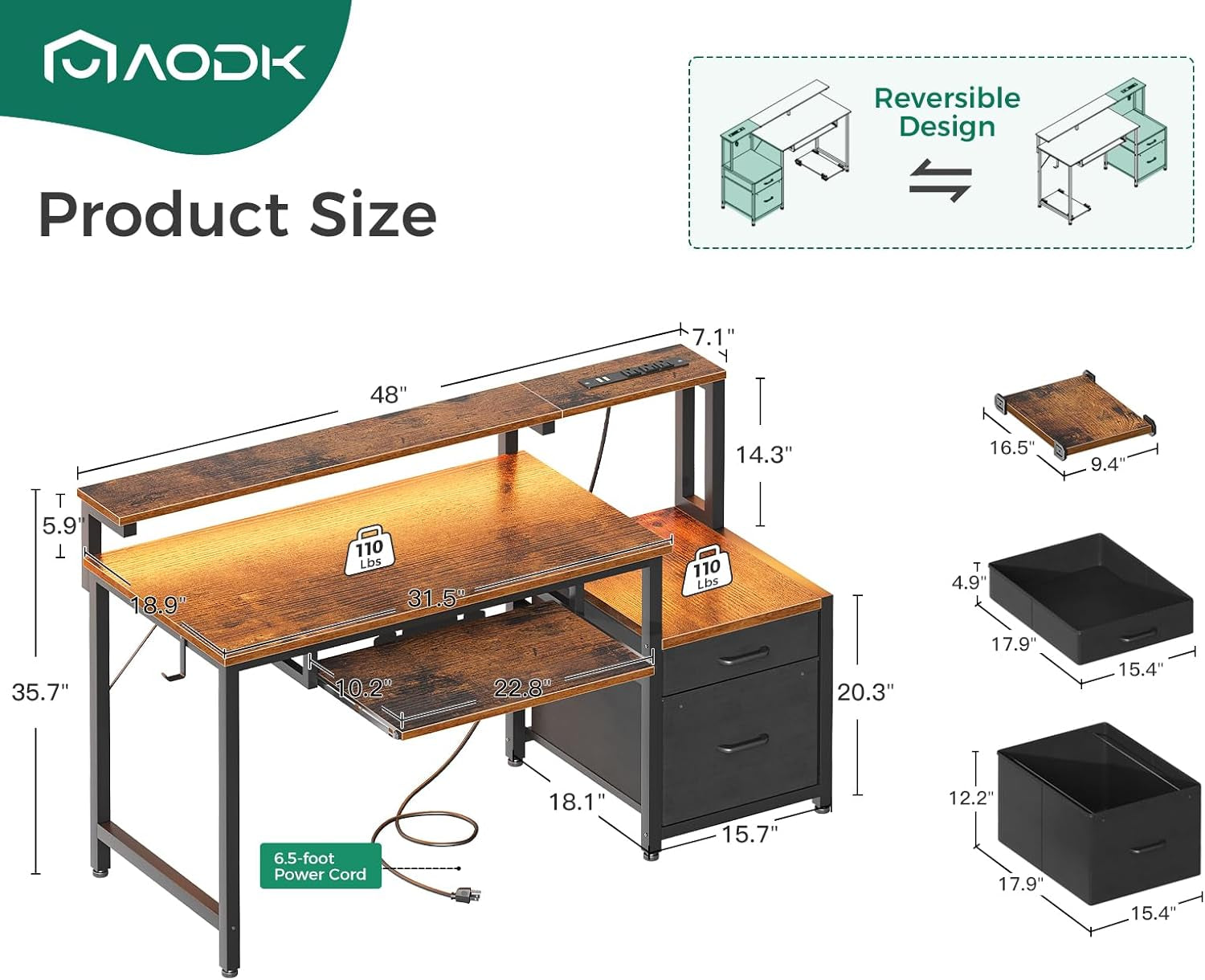 48 Inch Computer Desk With USB Ports And LED Light