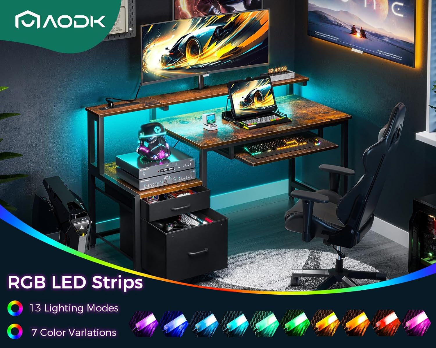 48 Inch Computer Desk With USB Ports And LED Light