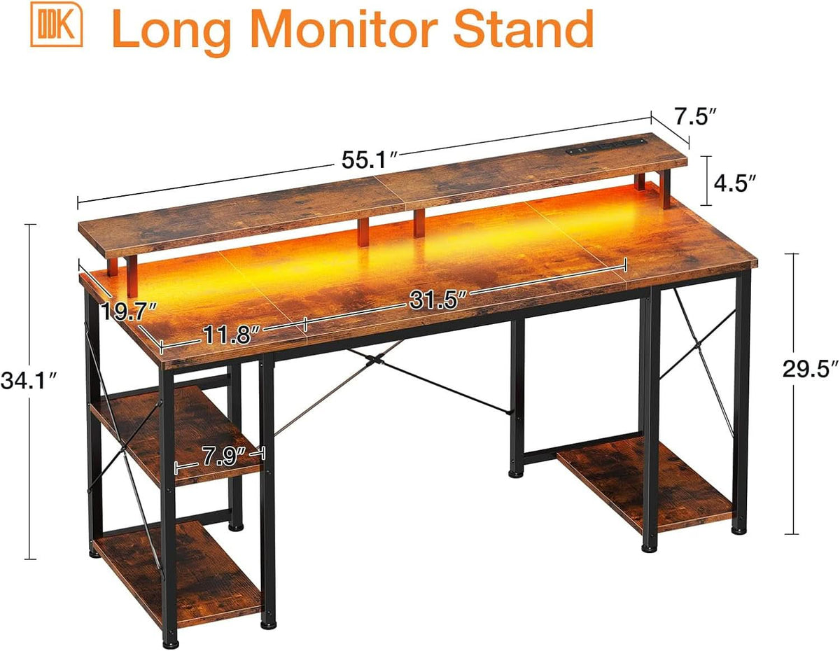 48 Inch Gaming Desk With Monitor Stand And LED Lighting