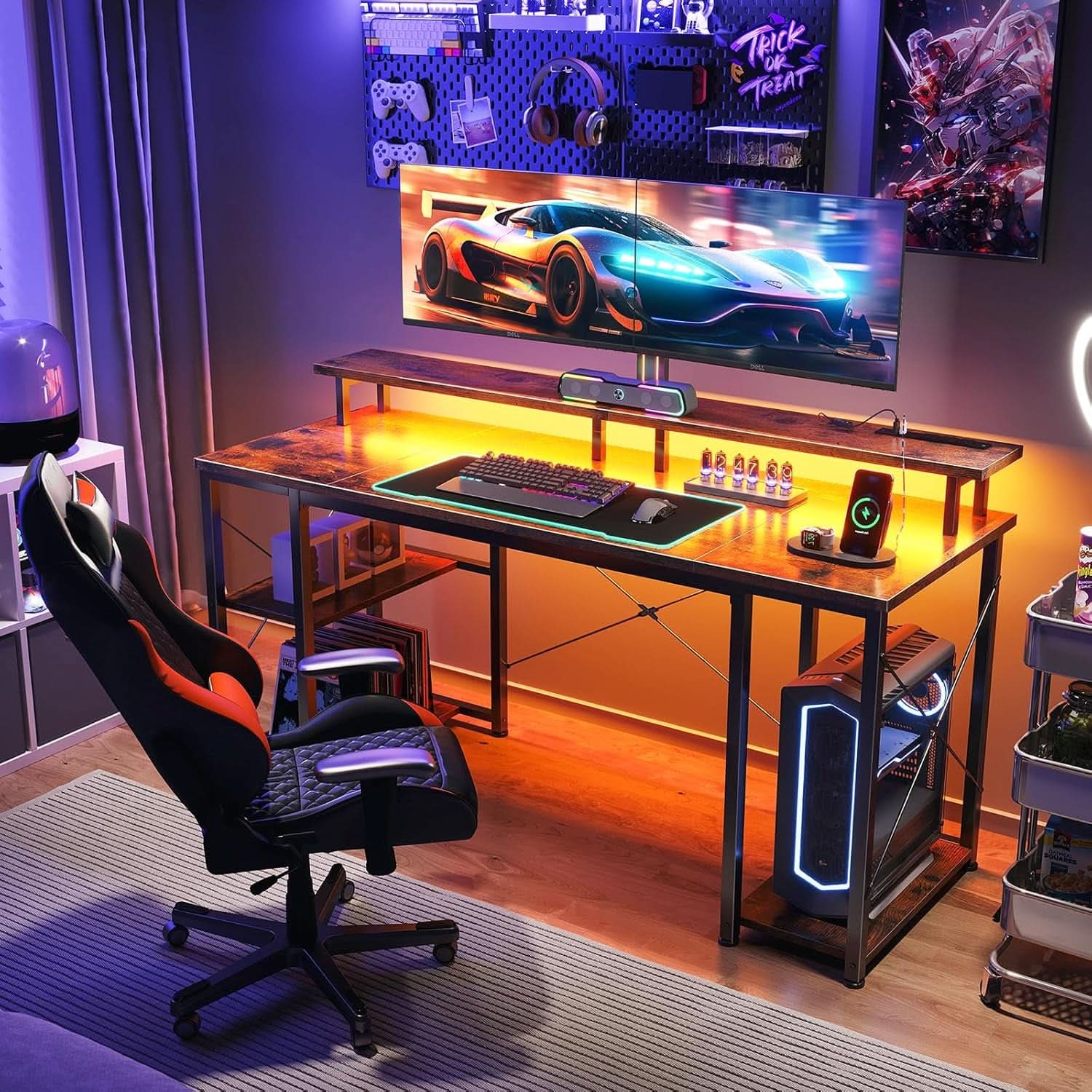 48 Inch Gaming Desk With Monitor Stand And LED Lighting
