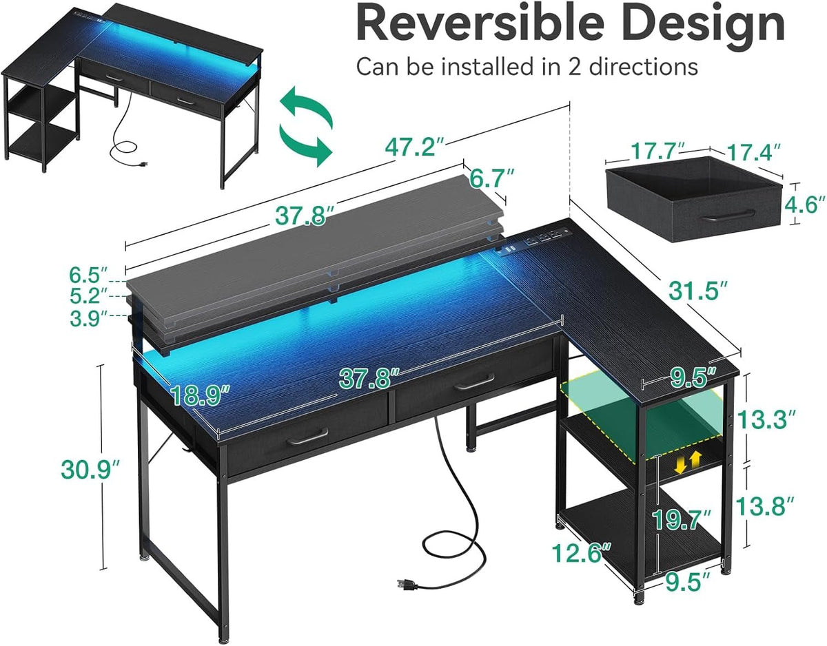 48 Inch L Shaped Gaming Desk with USB Ports