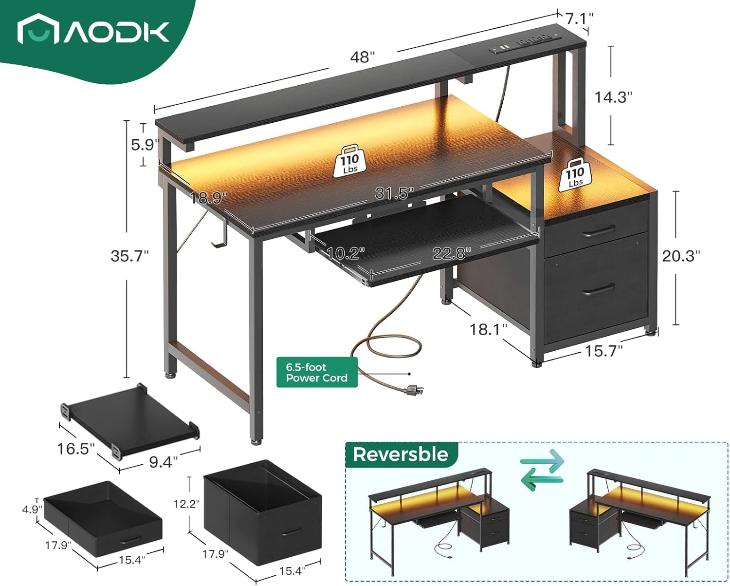 48 Inch LED Gaming Desk With Power Outlets