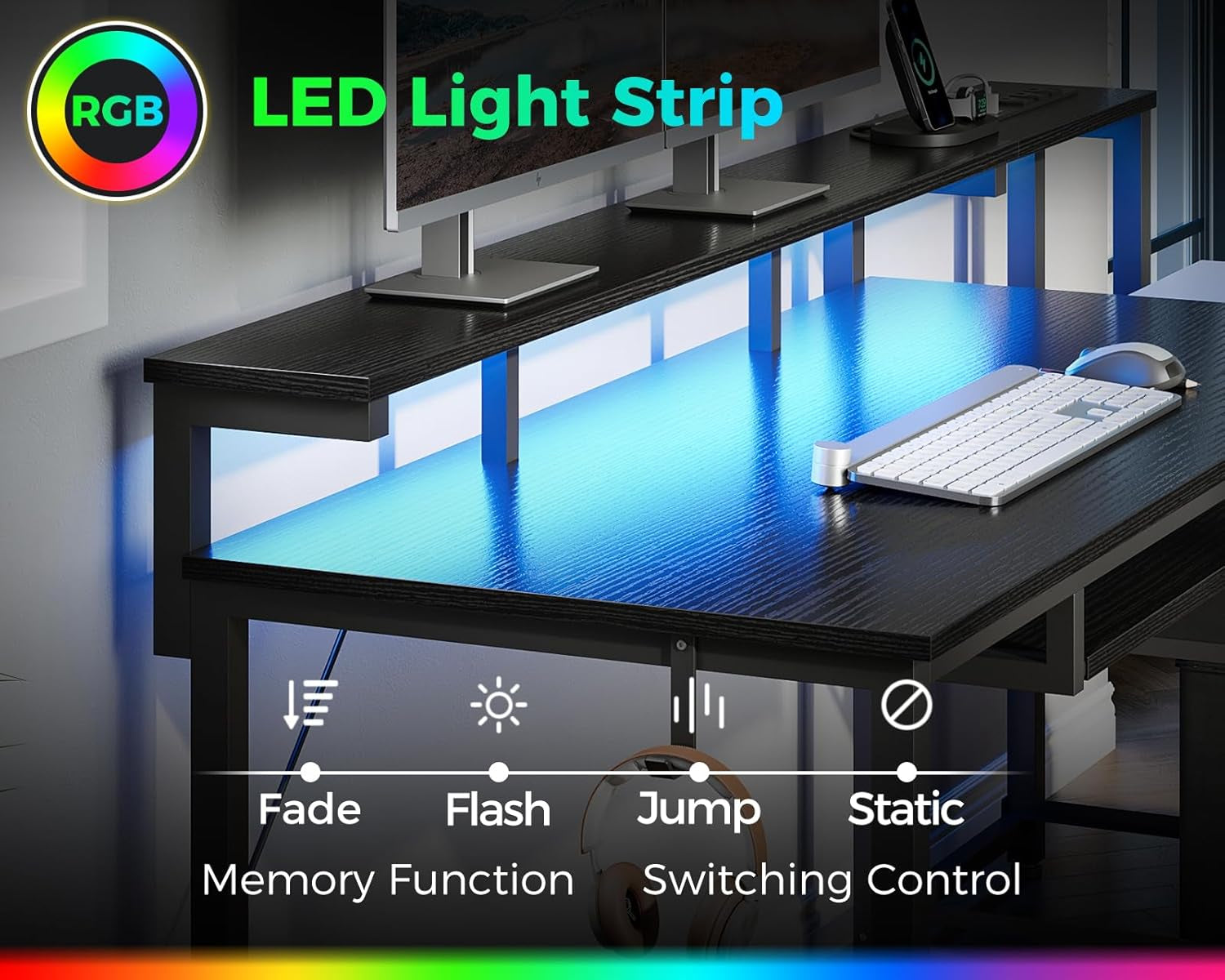 48 Inch LED Gaming Desk With Power Outlets