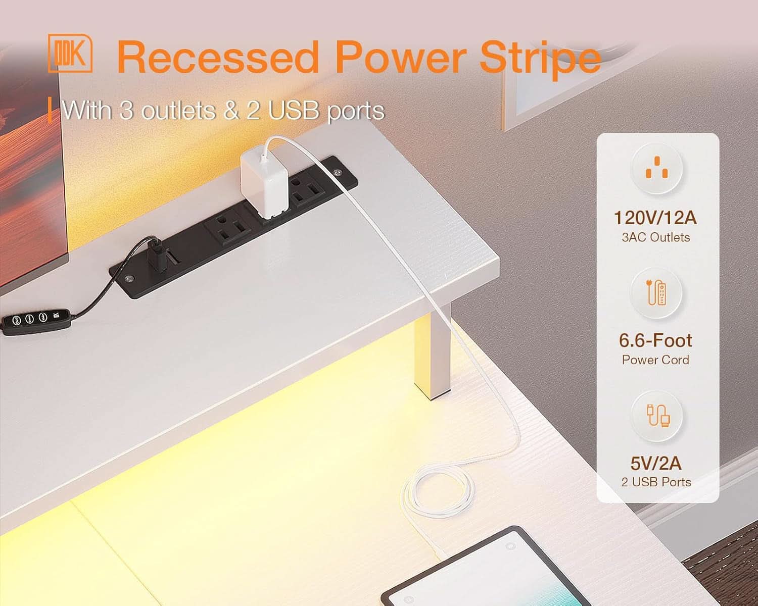 48 Inch LED Gaming Desk With Power Outlets Monitor Stand